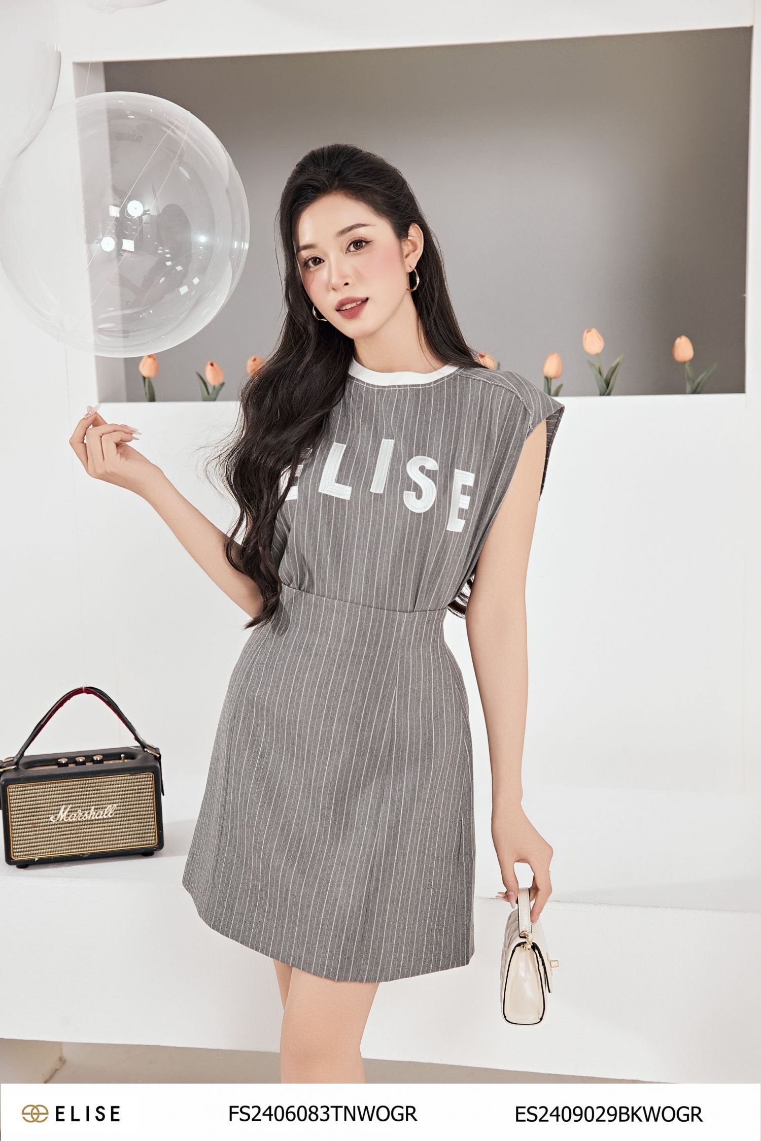 JUPE GHI KẺ TRẮNG CƠI TÚI SAU