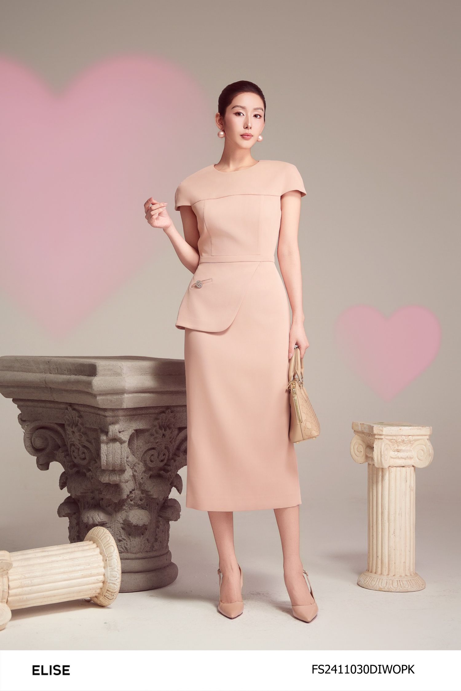 ĐẦM HỒNG TÔM TAY LIỀN PEPLUM