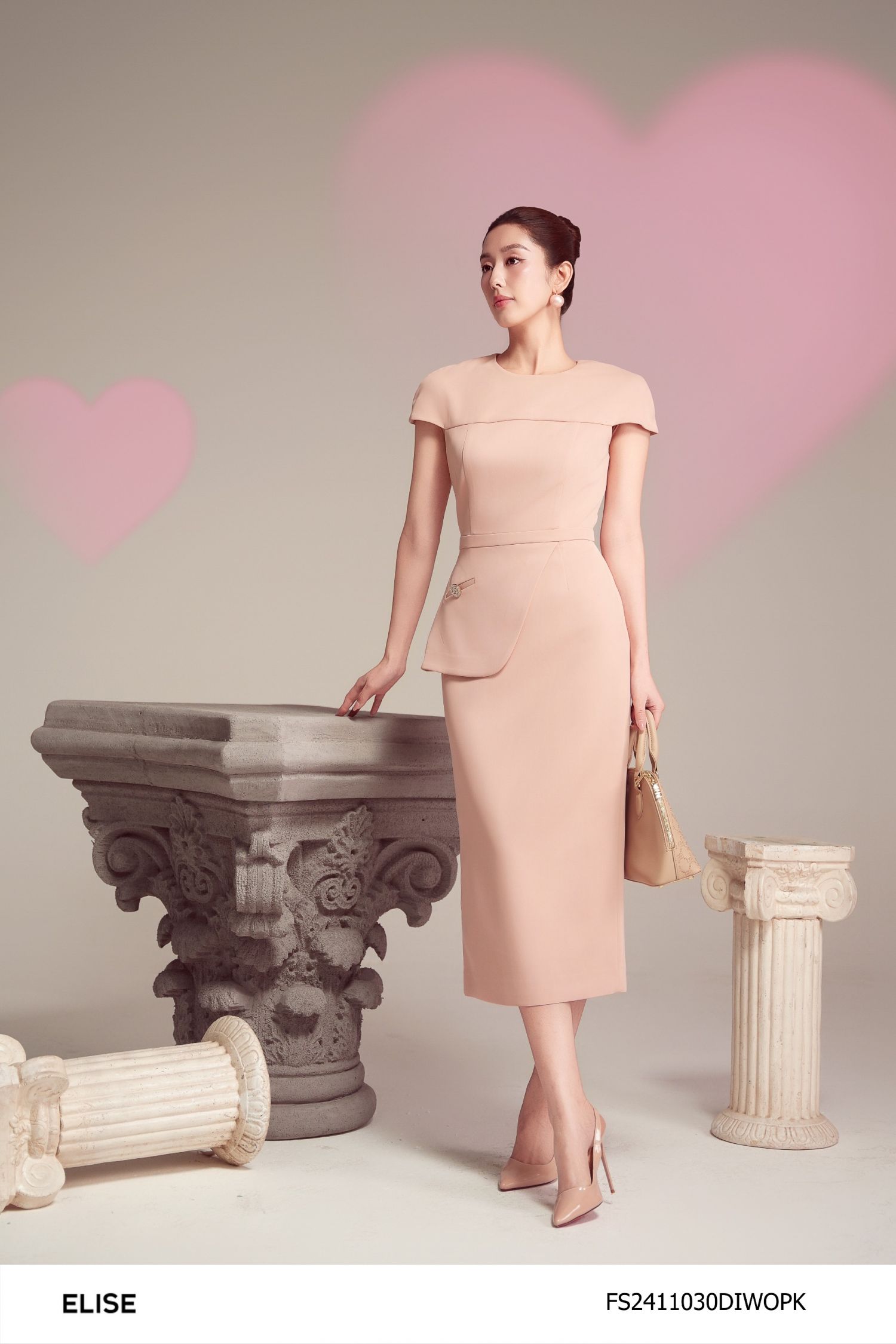 ĐẦM HỒNG TÔM TAY LIỀN PEPLUM