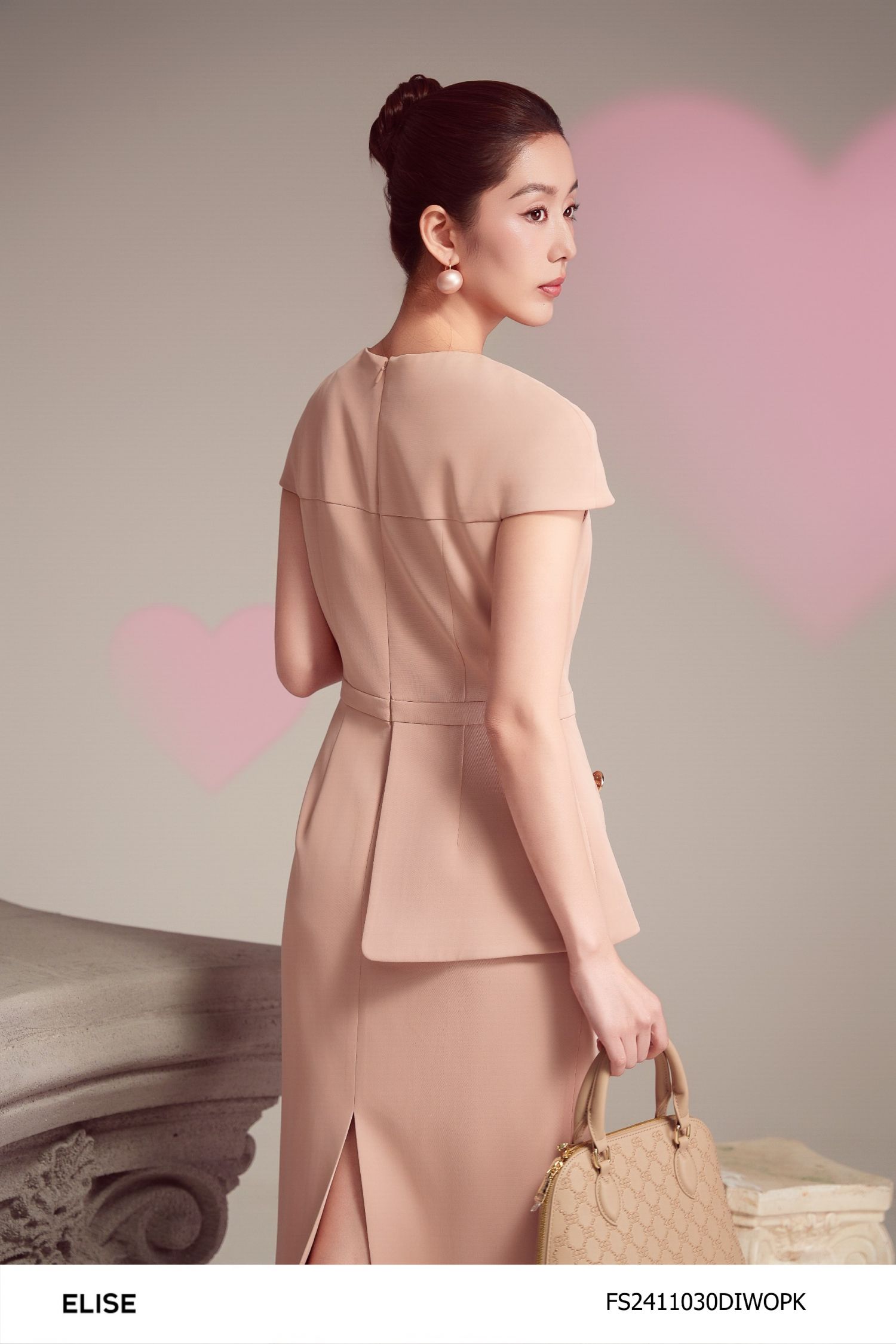 ĐẦM HỒNG TÔM TAY LIỀN PEPLUM