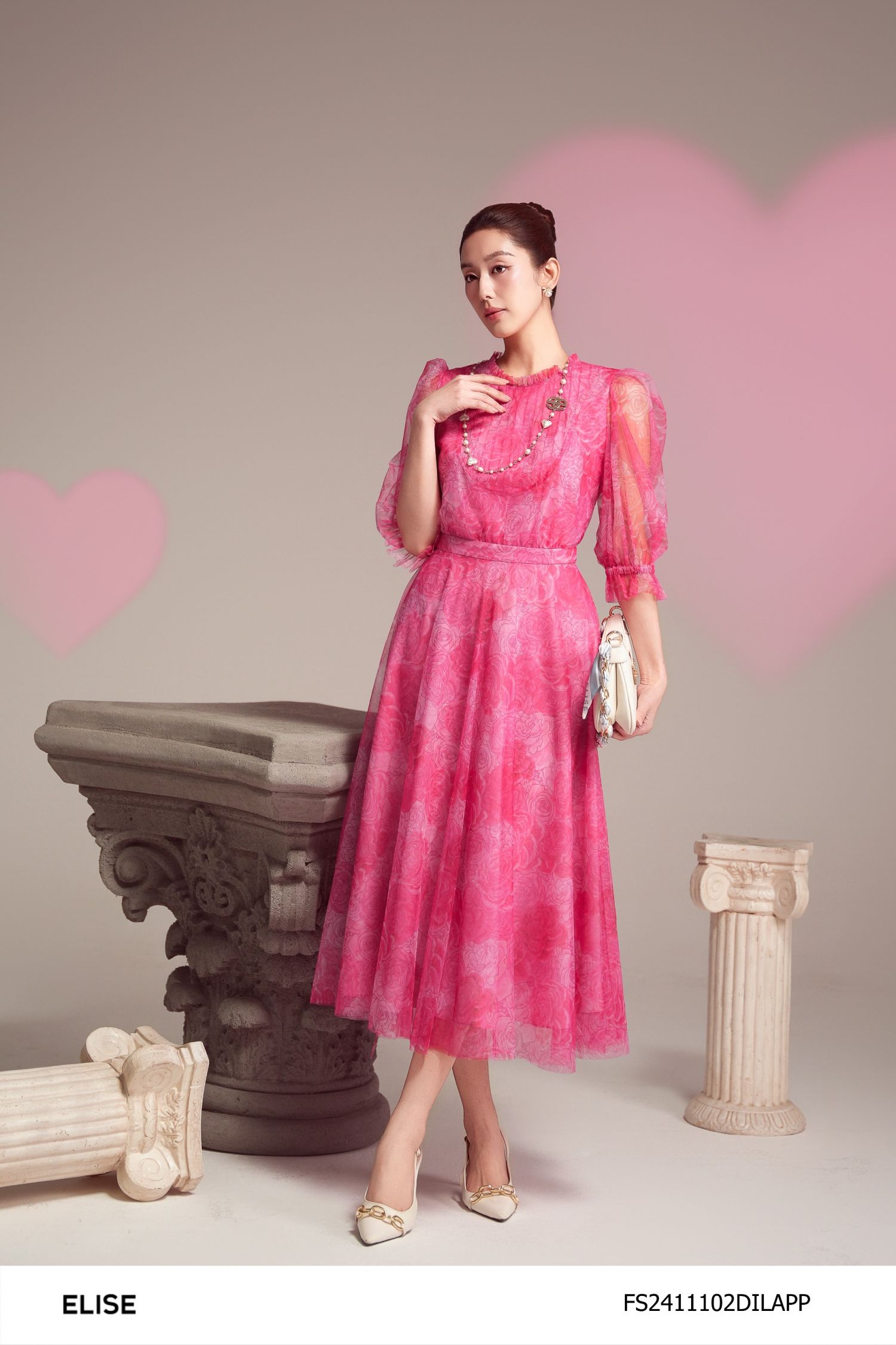 ĐẦM LƯỚI HOA NỀN HỒNG BẤU MÍ NGỰC