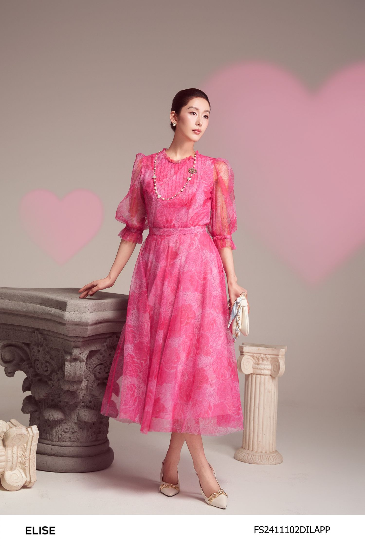 ĐẦM LƯỚI HOA NỀN HỒNG BẤU MÍ NGỰC