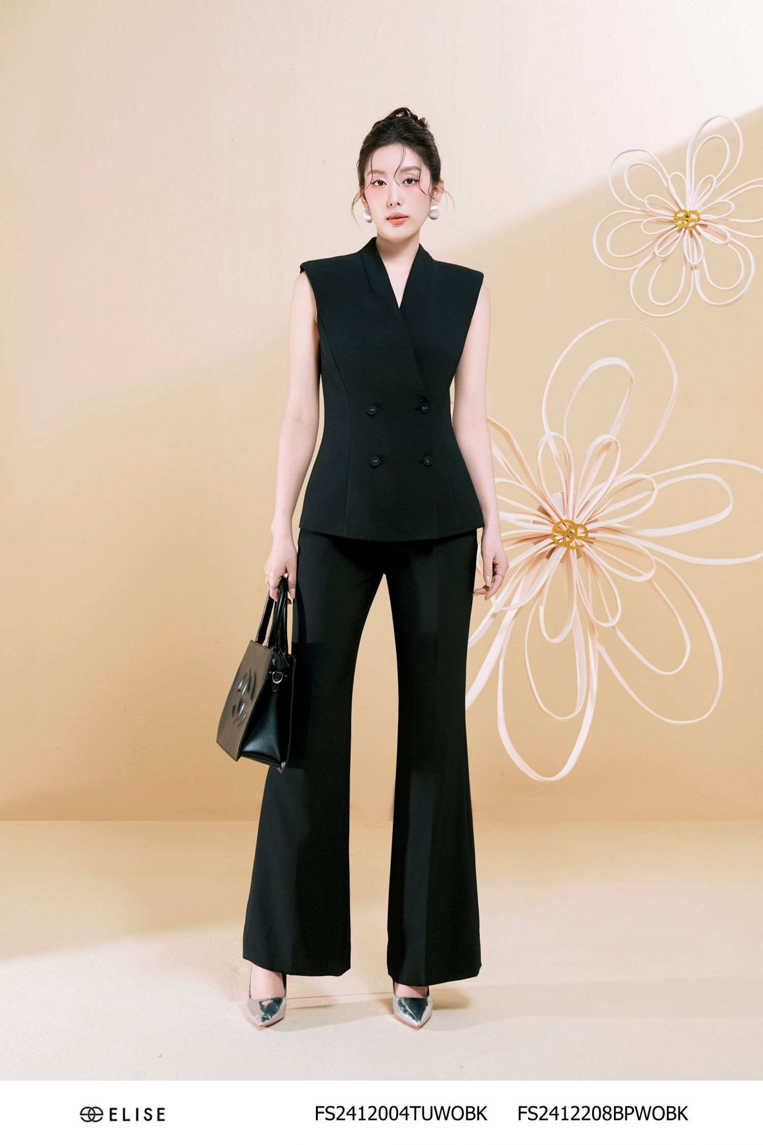VEST ĐEN VAI CHỜM CỔ V CHÉO