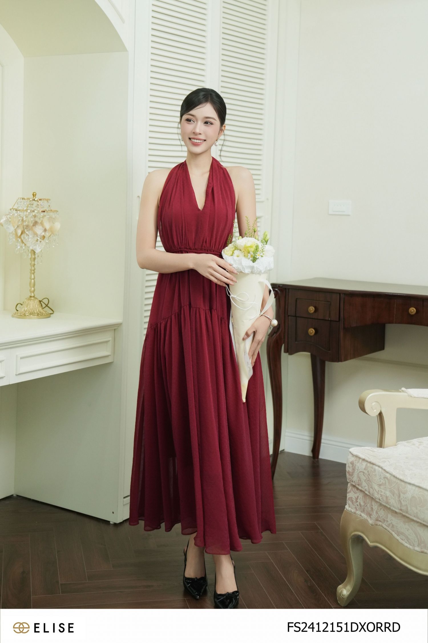 ĐẦM TƠ ĐỎ VÂN KT CỔ YẾM DÂY TẾT EO