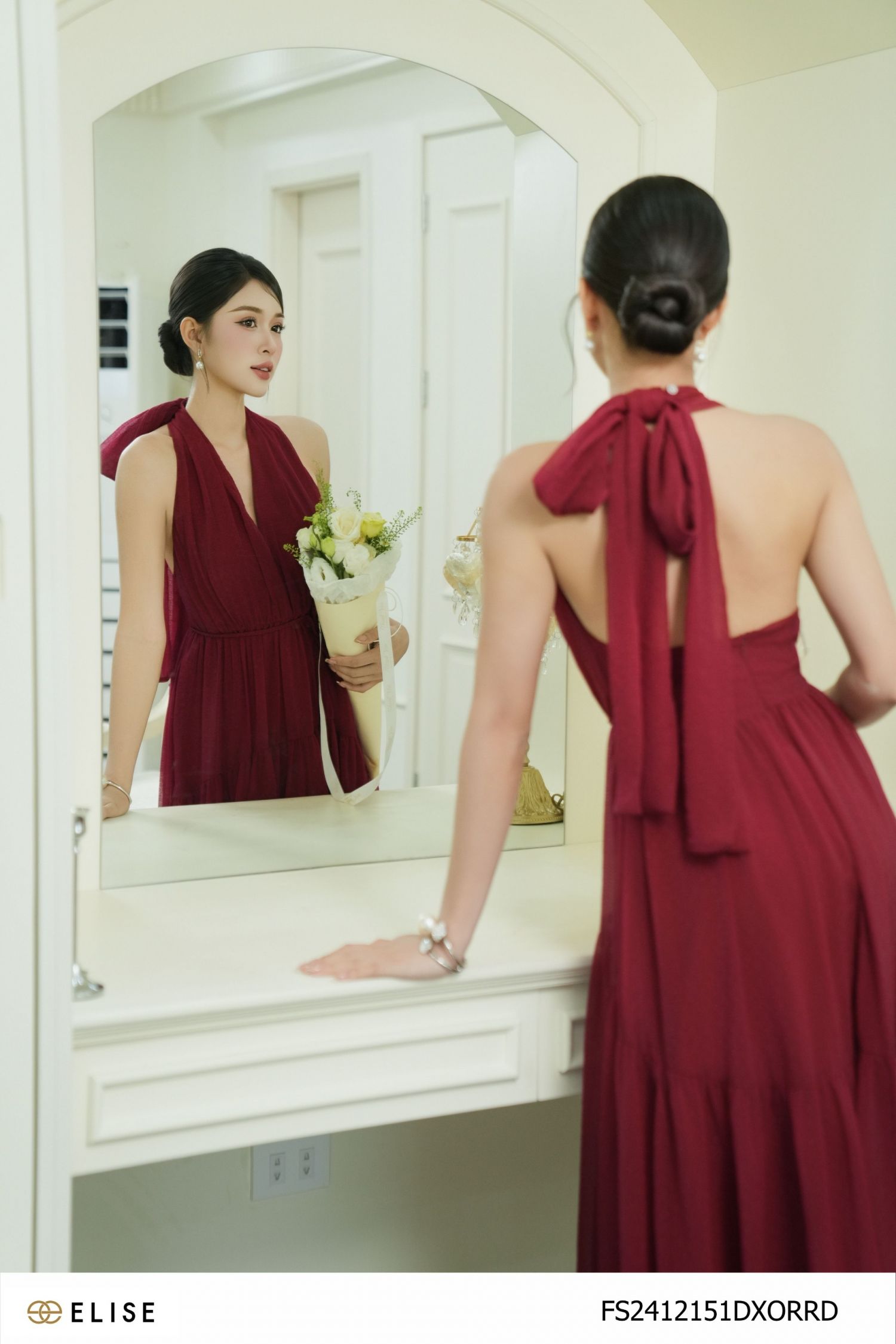 ĐẦM TƠ ĐỎ VÂN KT CỔ YẾM DÂY TẾT EO