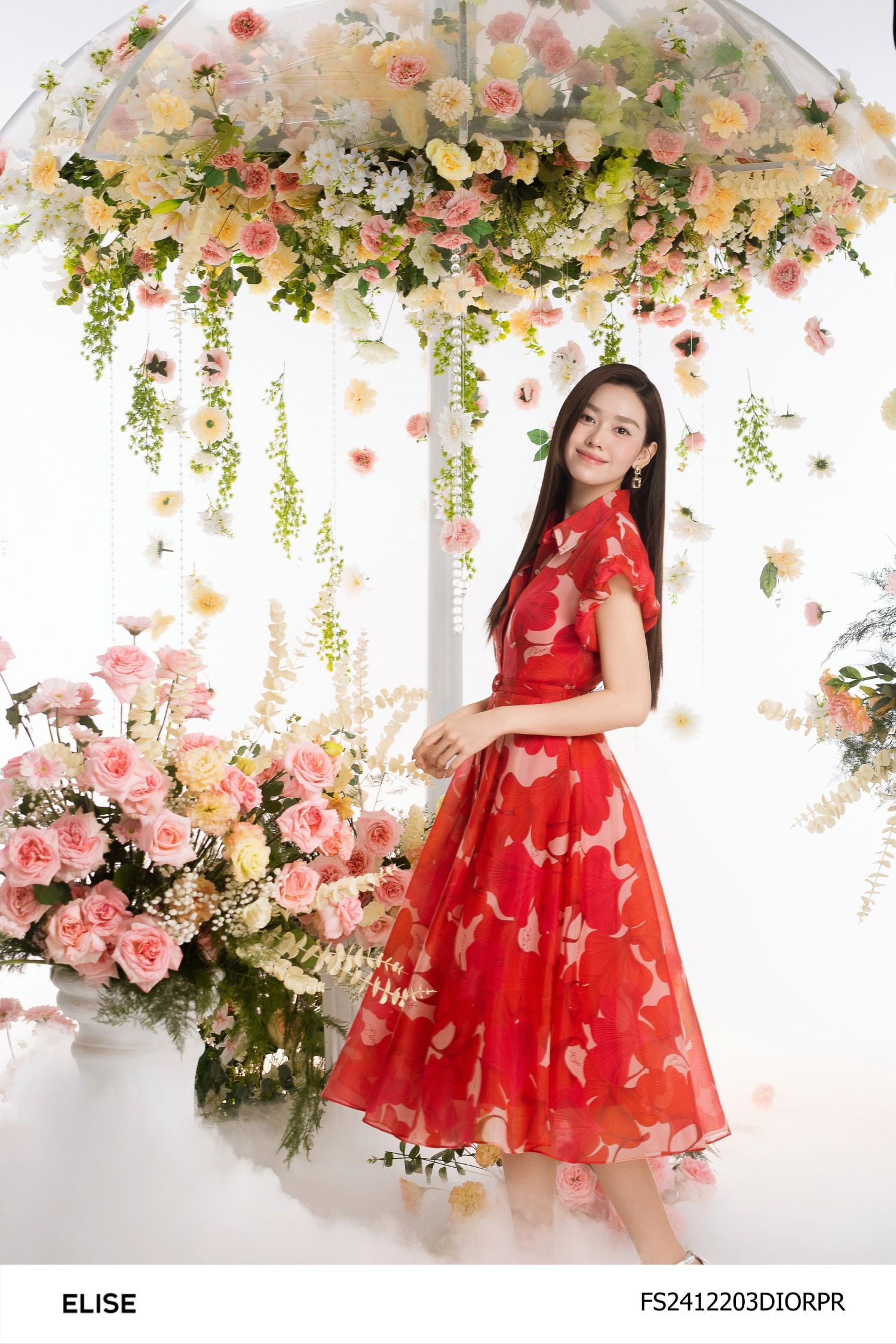 ĐẦM TƠ HOA GINKGO ĐỎ TAY NHÚN PHỒNG