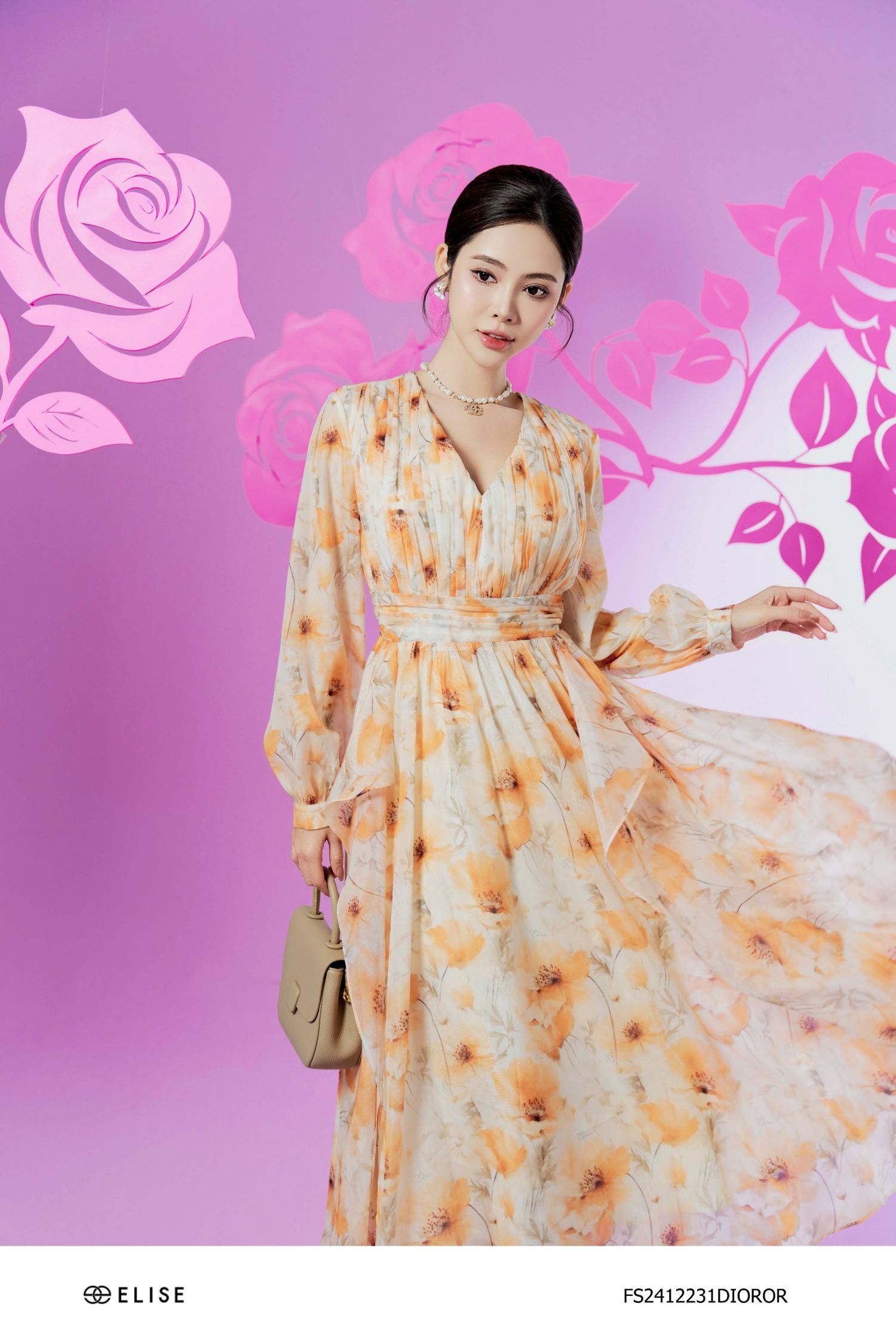ĐẦM TƠ HOA CAM CỔ V XẾP NHÚN