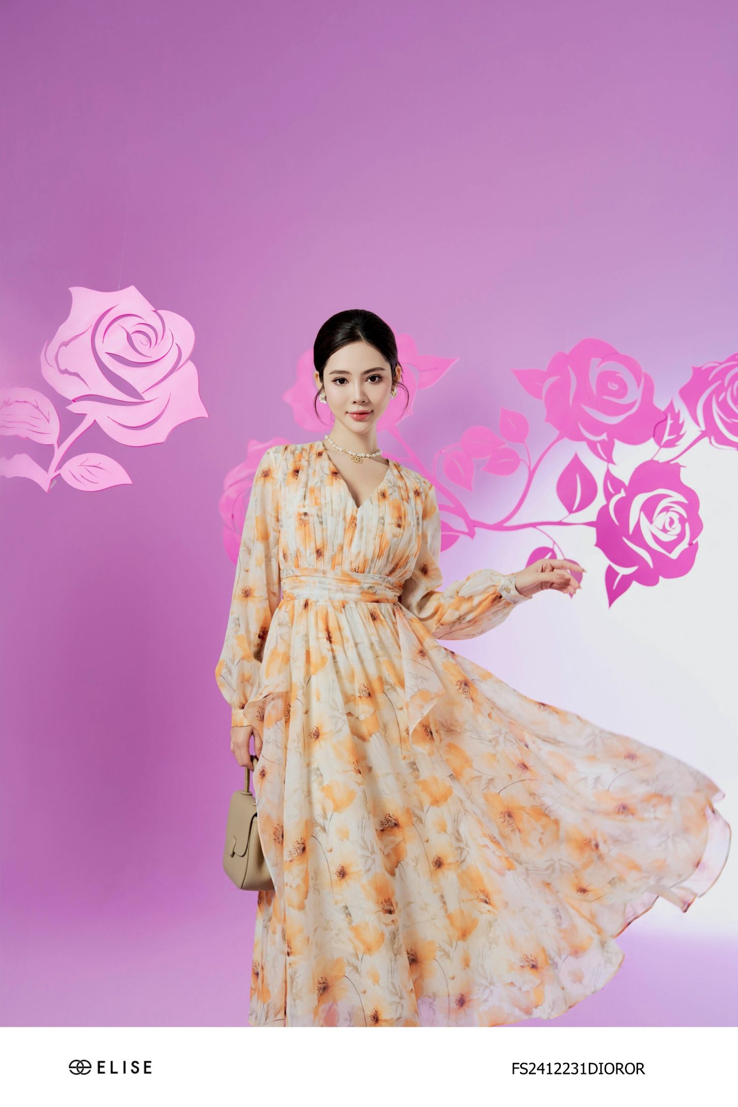 ĐẦM TƠ HOA CAM CỔ V XẾP NHÚN