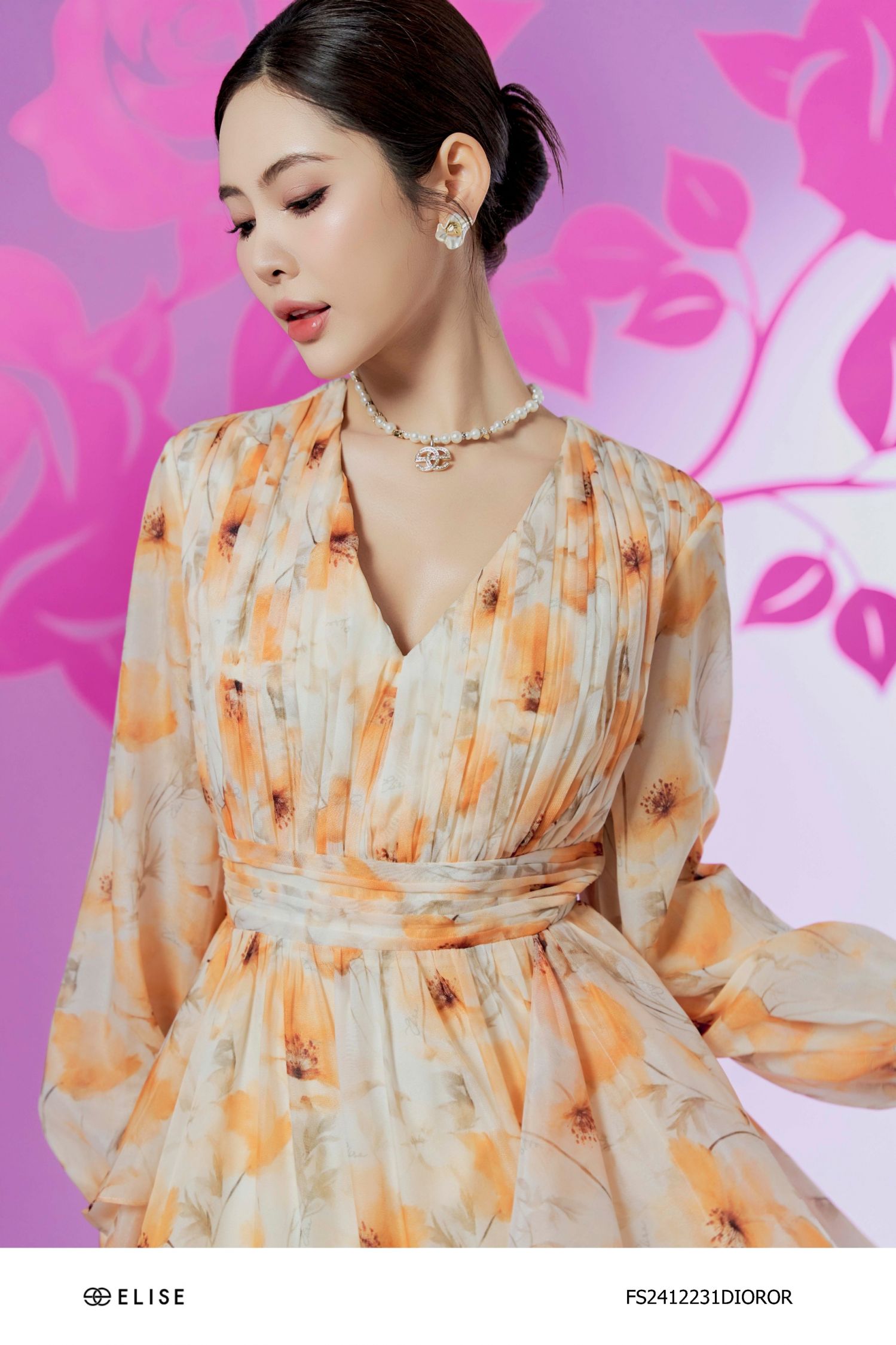 ĐẦM TƠ HOA CAM CỔ V XẾP NHÚN