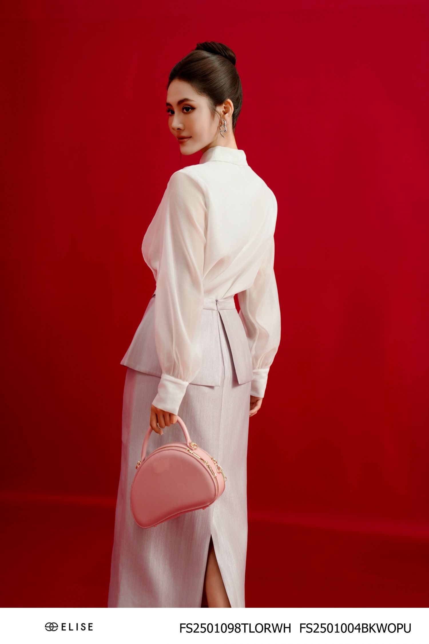JUPE TAFTA LỤA TÍM CẠP PEPLUM XẾP CHỒNG