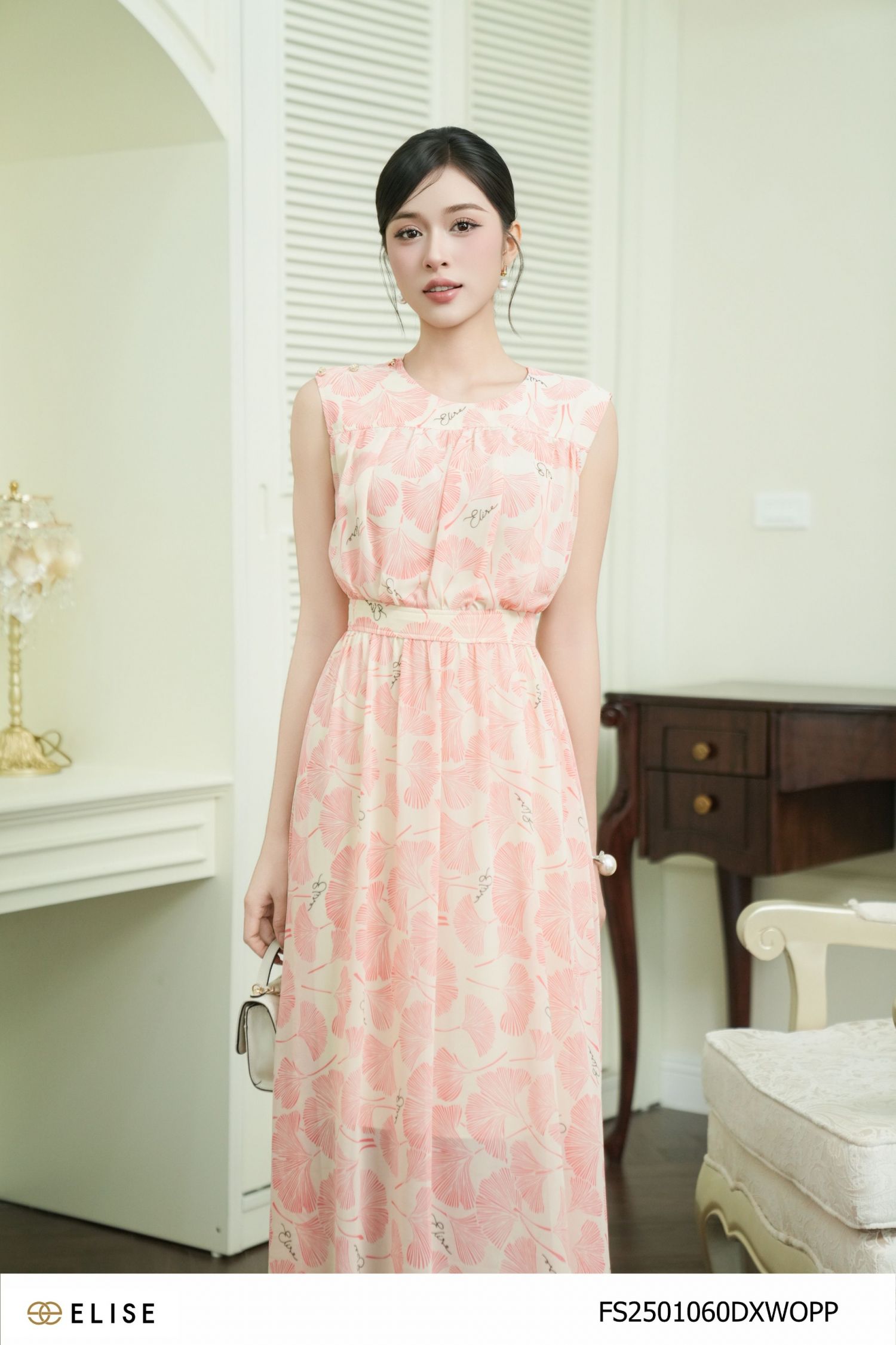 ĐẦM CHIFFON SÁT NÁCH HOA GINKGO HỒNG