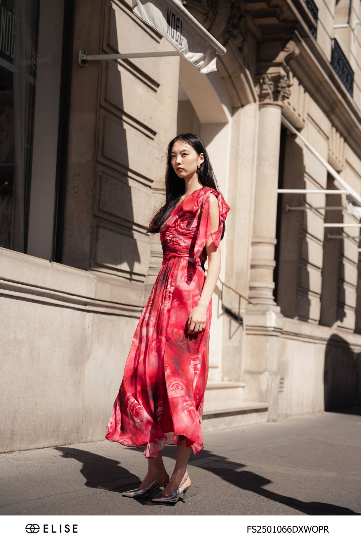 ĐẦM MAXI ĐỎ HỒNG XẾP NHÚN NƠ VAI
