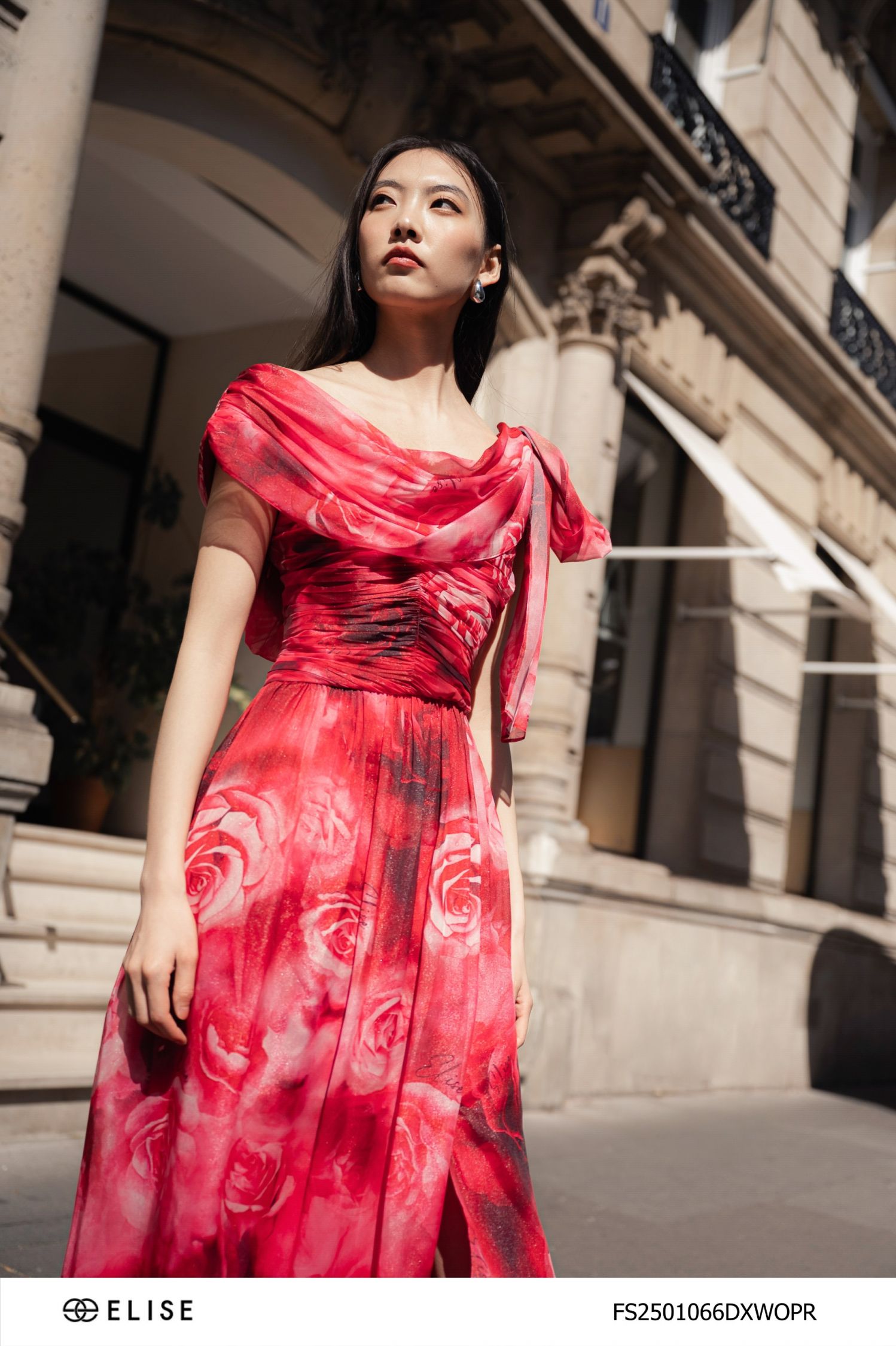 ĐẦM MAXI ĐỎ HỒNG XẾP NHÚN NƠ VAI