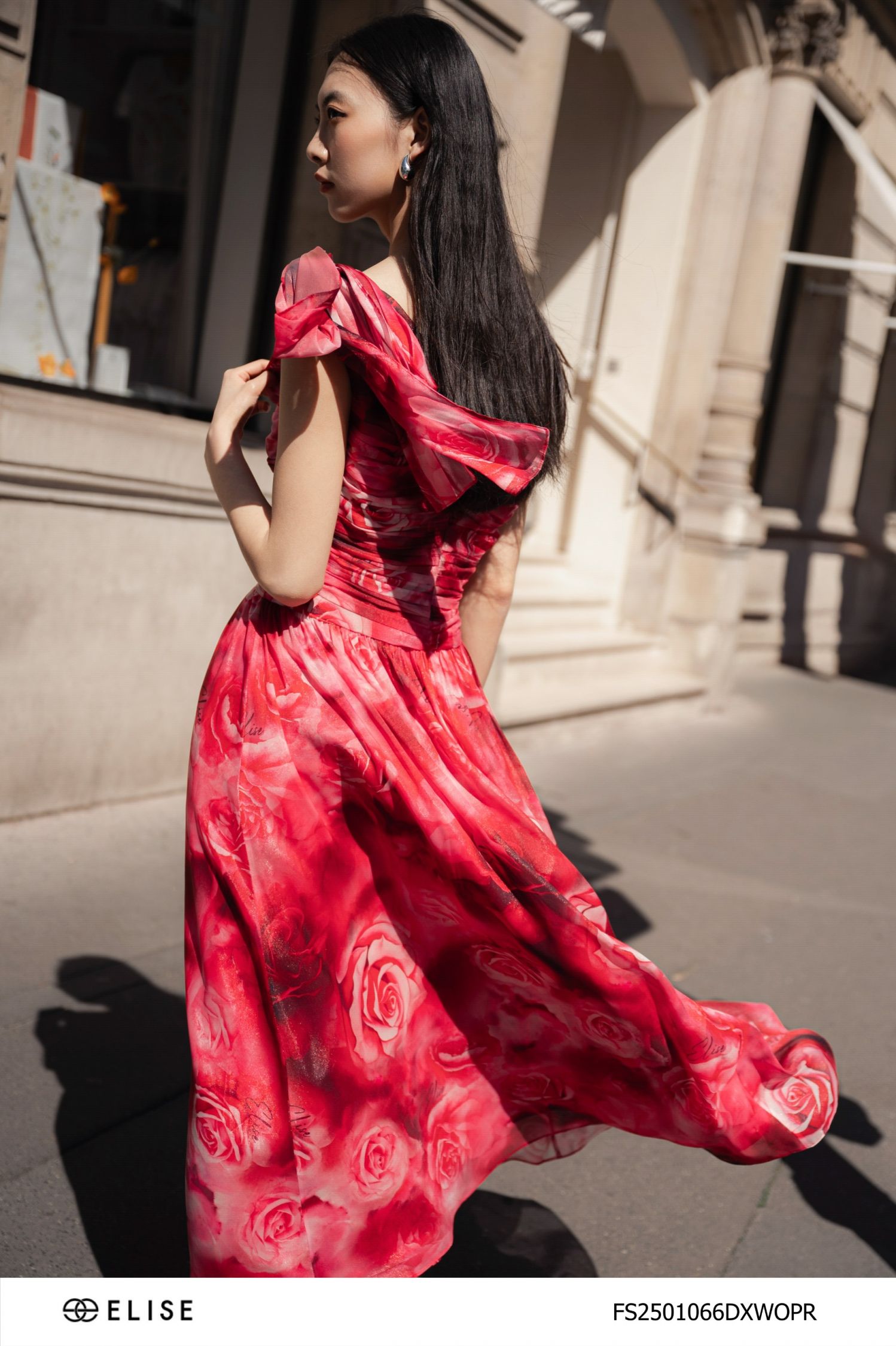 ĐẦM MAXI ĐỎ HỒNG XẾP NHÚN NƠ VAI