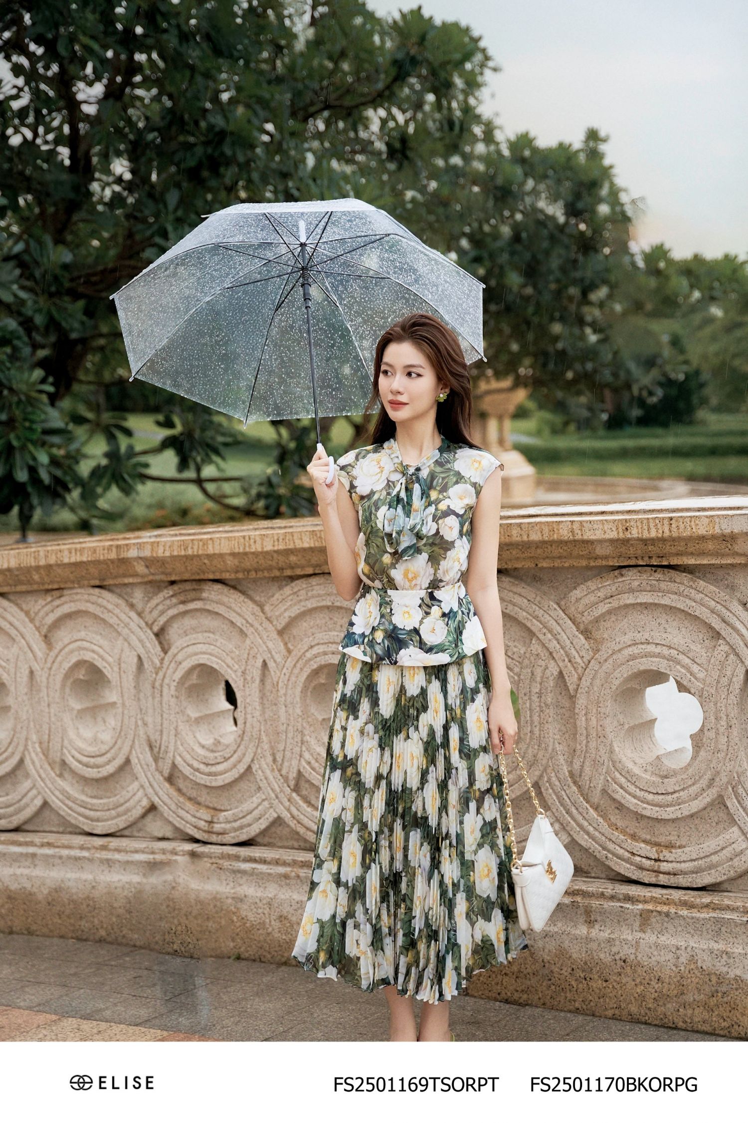 ÁO TƠ XANH HOA TRẮNG PHỐI PEPLUM LỤA