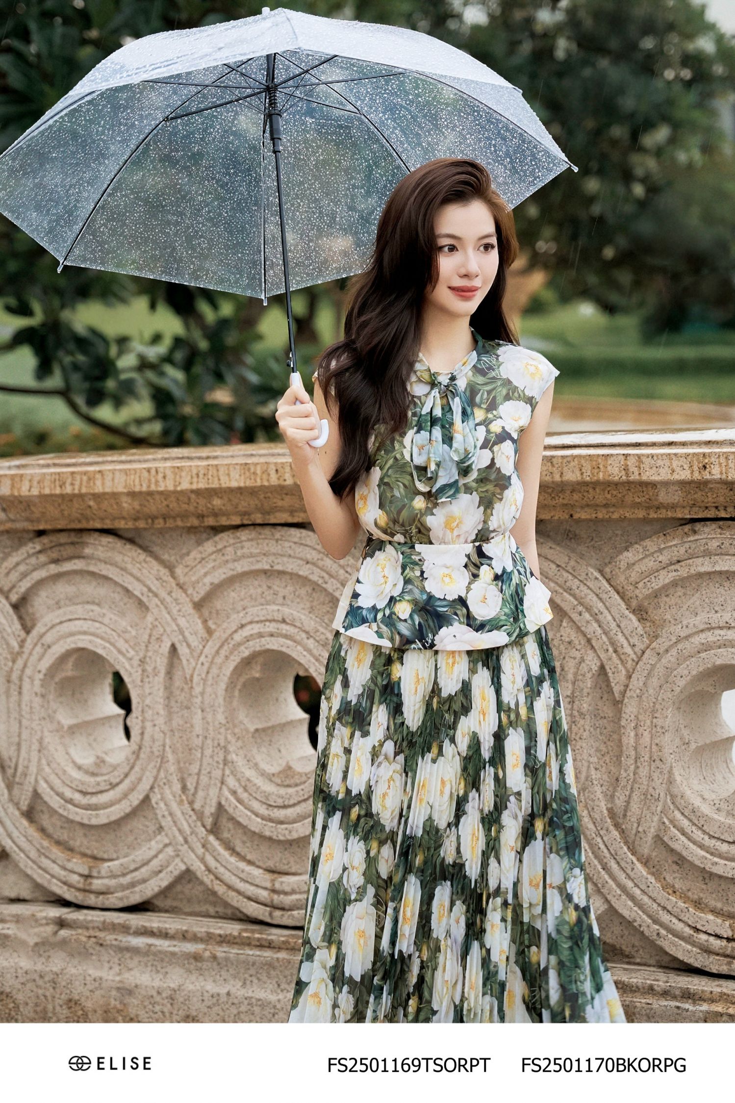 ÁO TƠ XANH HOA TRẮNG PHỐI PEPLUM LỤA