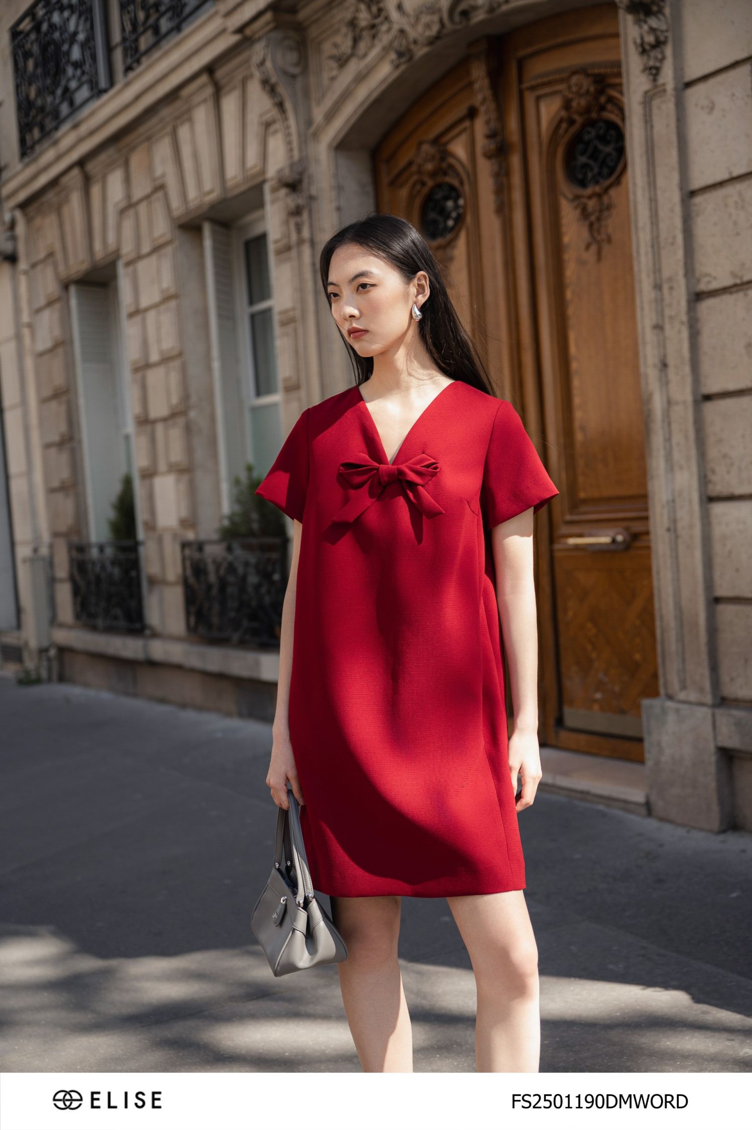 ĐẦM SUÔNG ĐỎ SẪM CỔ V ĐÍNH NƠ
