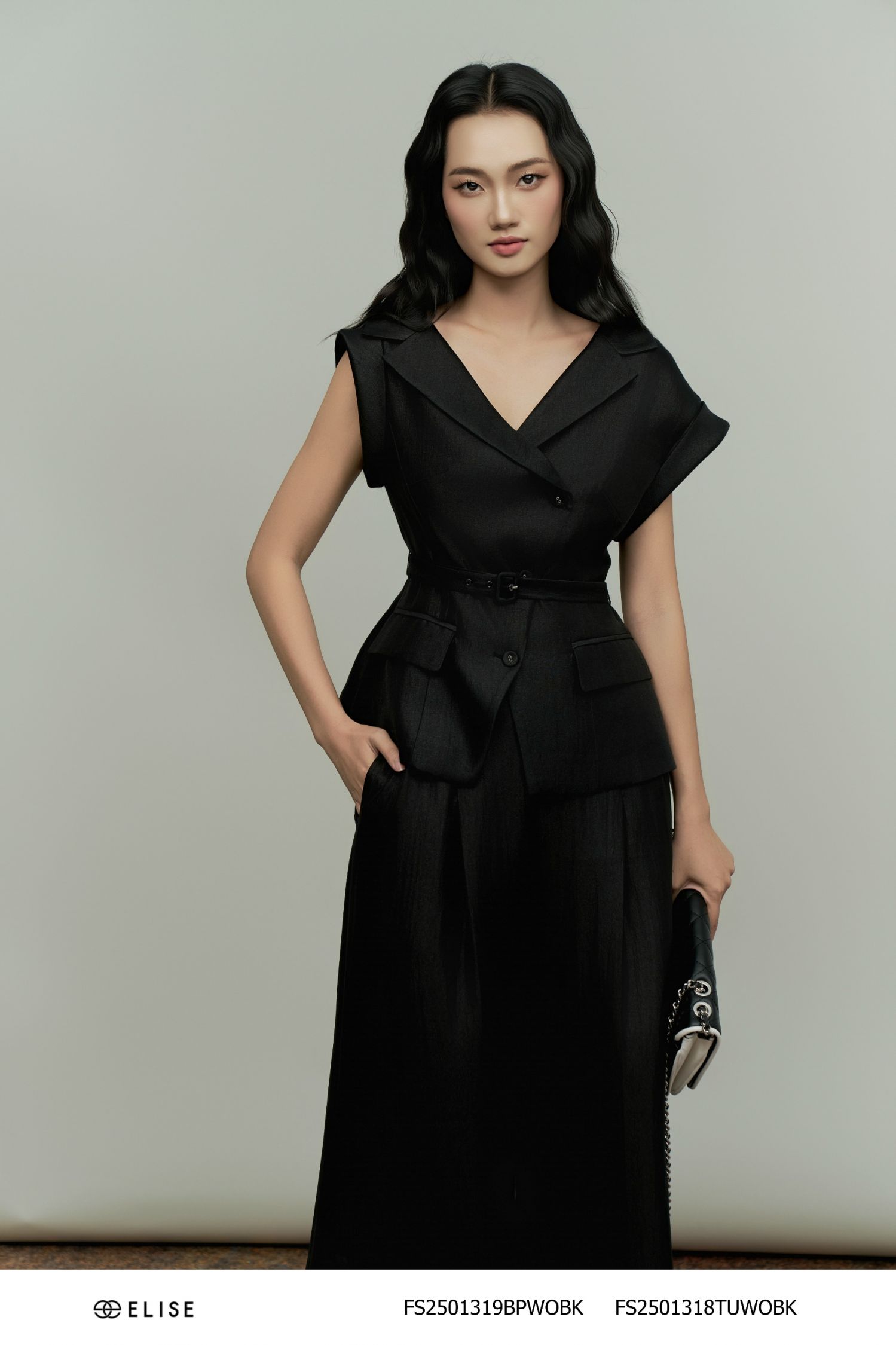 VEST TAFTA LỤA ĐEN CỔ LỆCH ĐAI EO