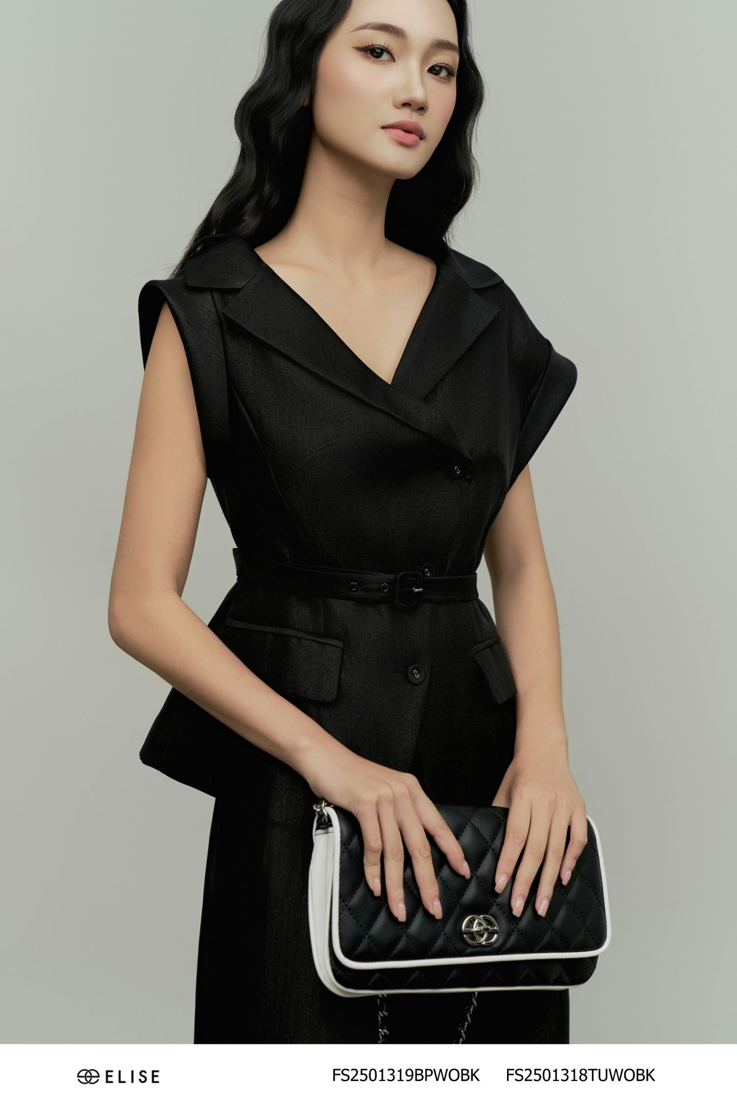 VEST TAFTA LỤA ĐEN CỔ LỆCH ĐAI EO
