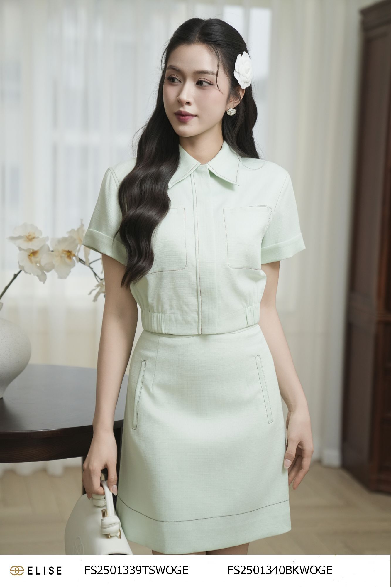 ÁO SỢI XANH BẠC HÀ TÚI NGỰC DIỄU CHỈ