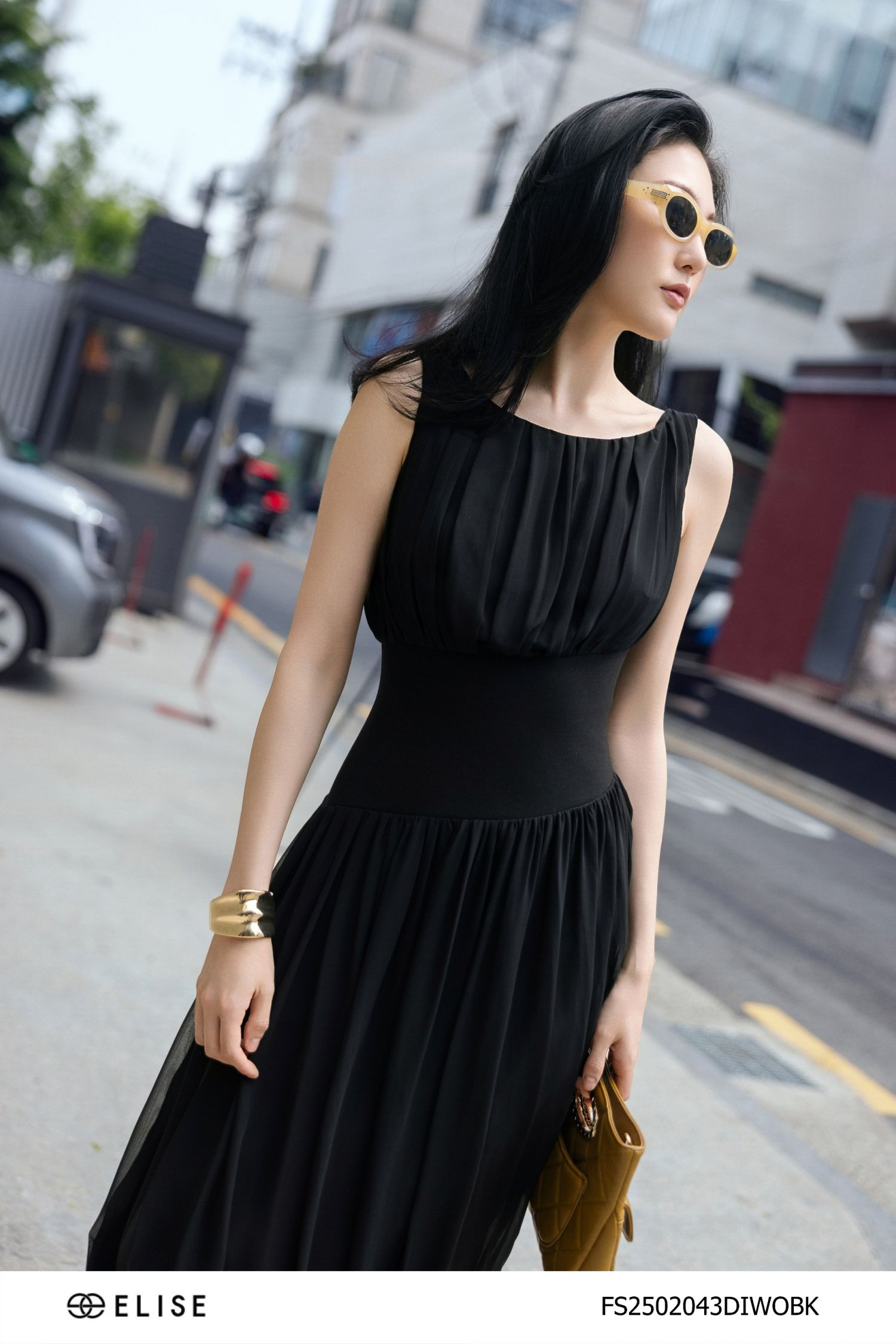 ĐẦM CHIFFON ĐEN XẾP NHÚN BOOM GẤU