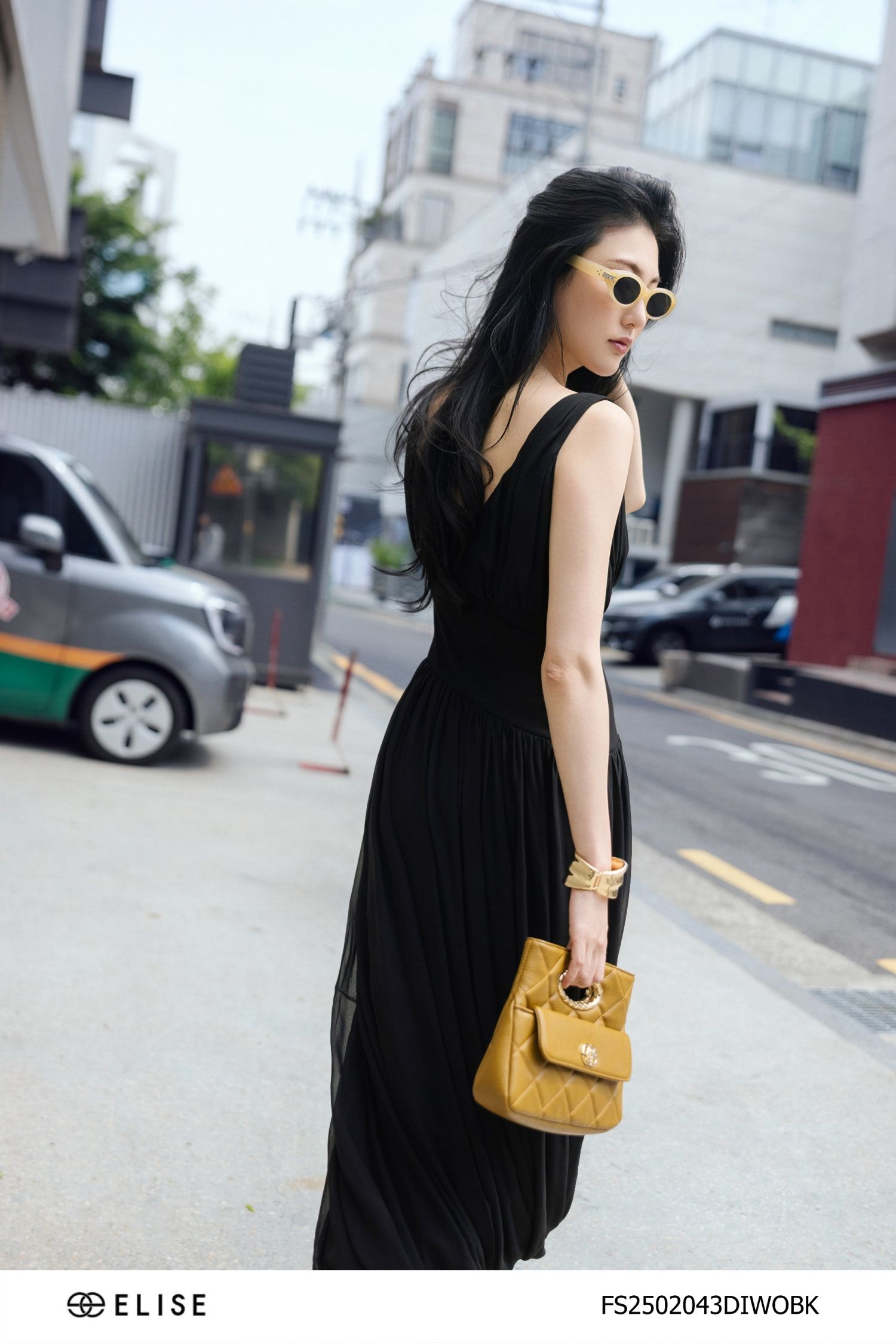 ĐẦM CHIFFON ĐEN XẾP NHÚN BOOM GẤU