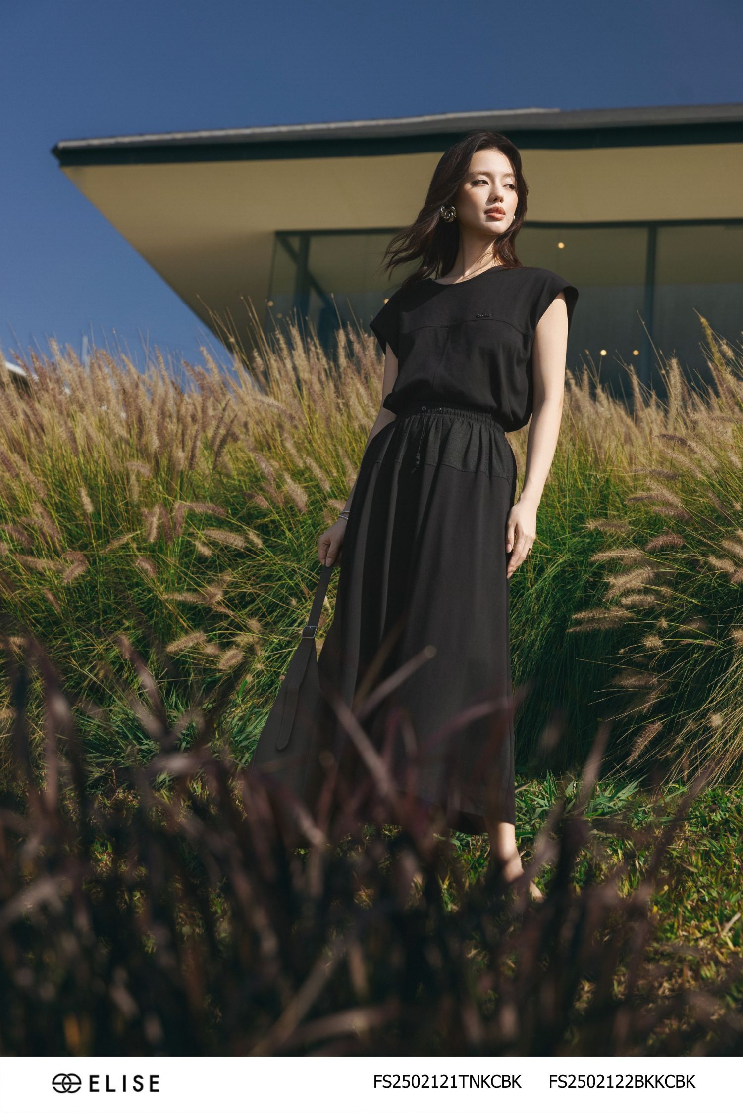CHÂN VÁY THUN ĐEN PHỐI VẢI LINEN