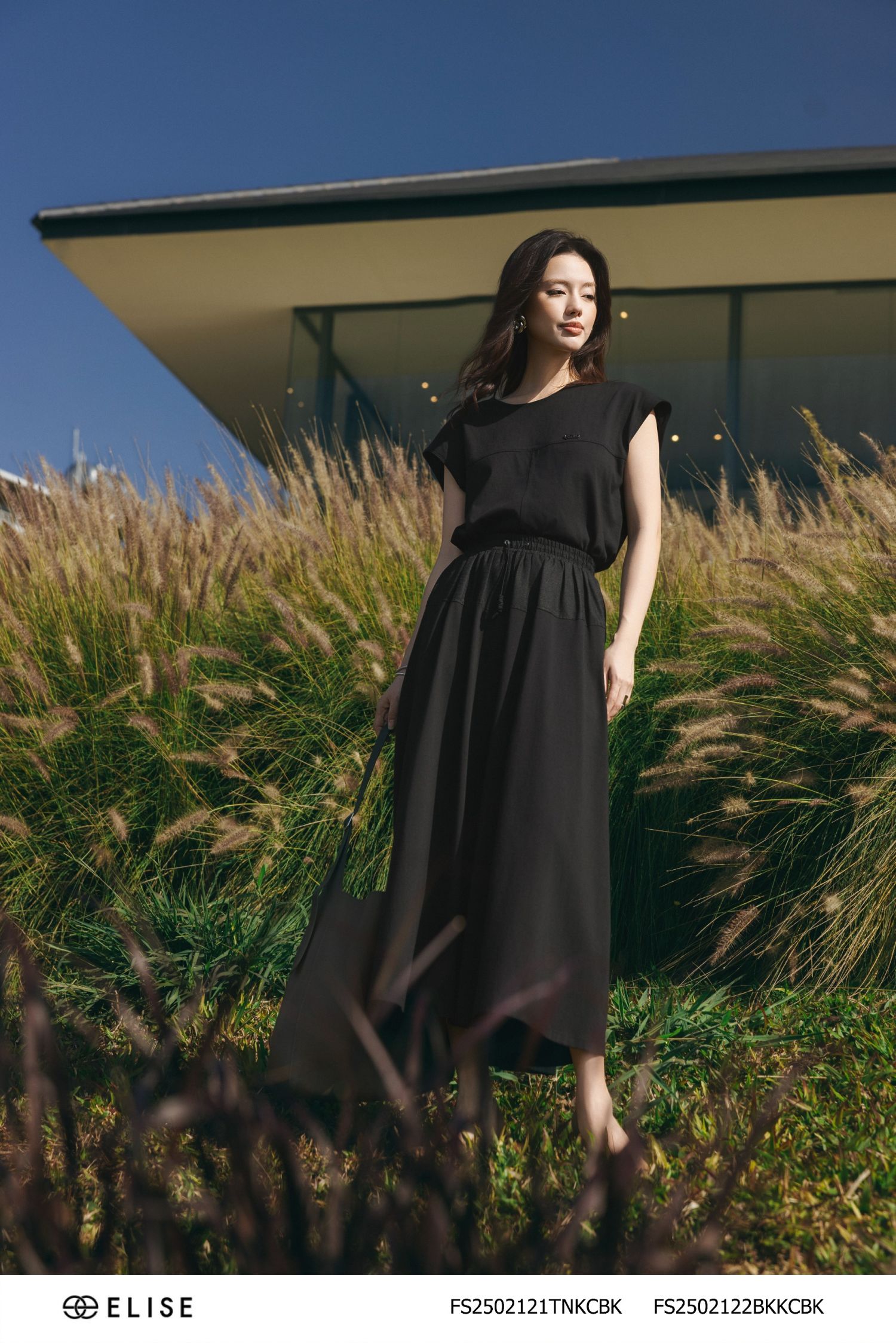 CHÂN VÁY THUN ĐEN PHỐI VẢI LINEN