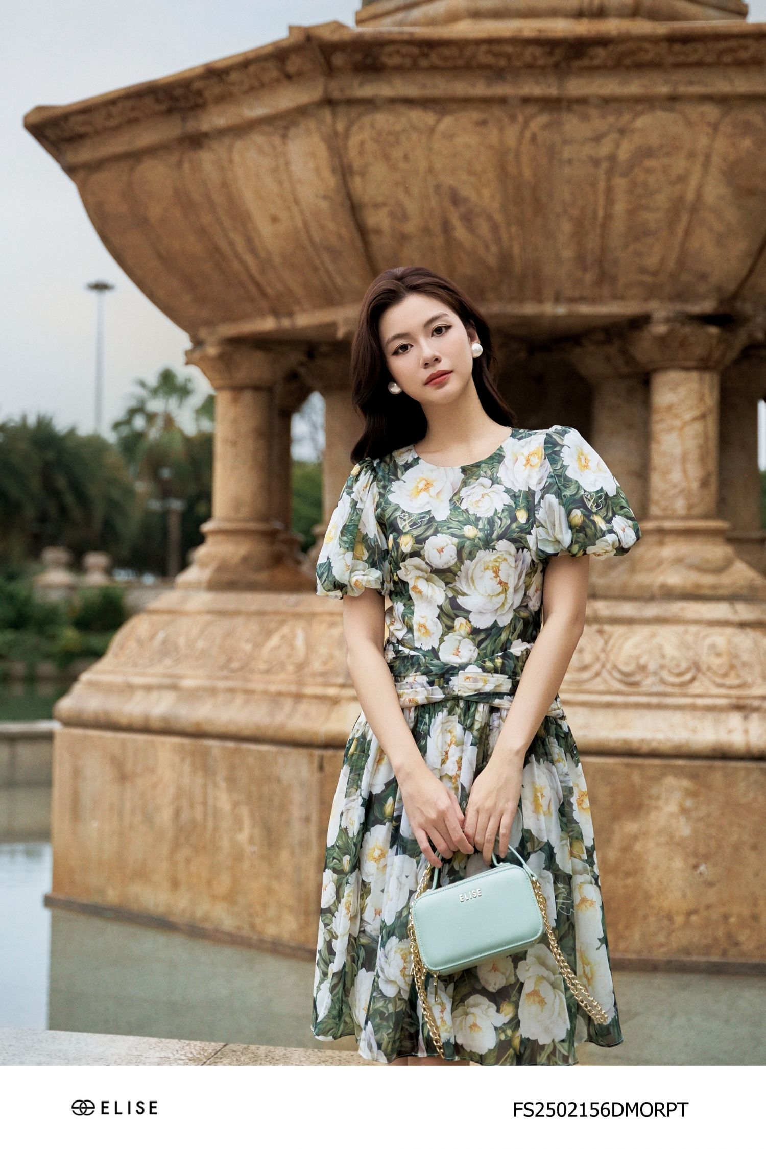 ĐẦM TƠ XANH HOA TRẮNG XẾP NHÚN EO