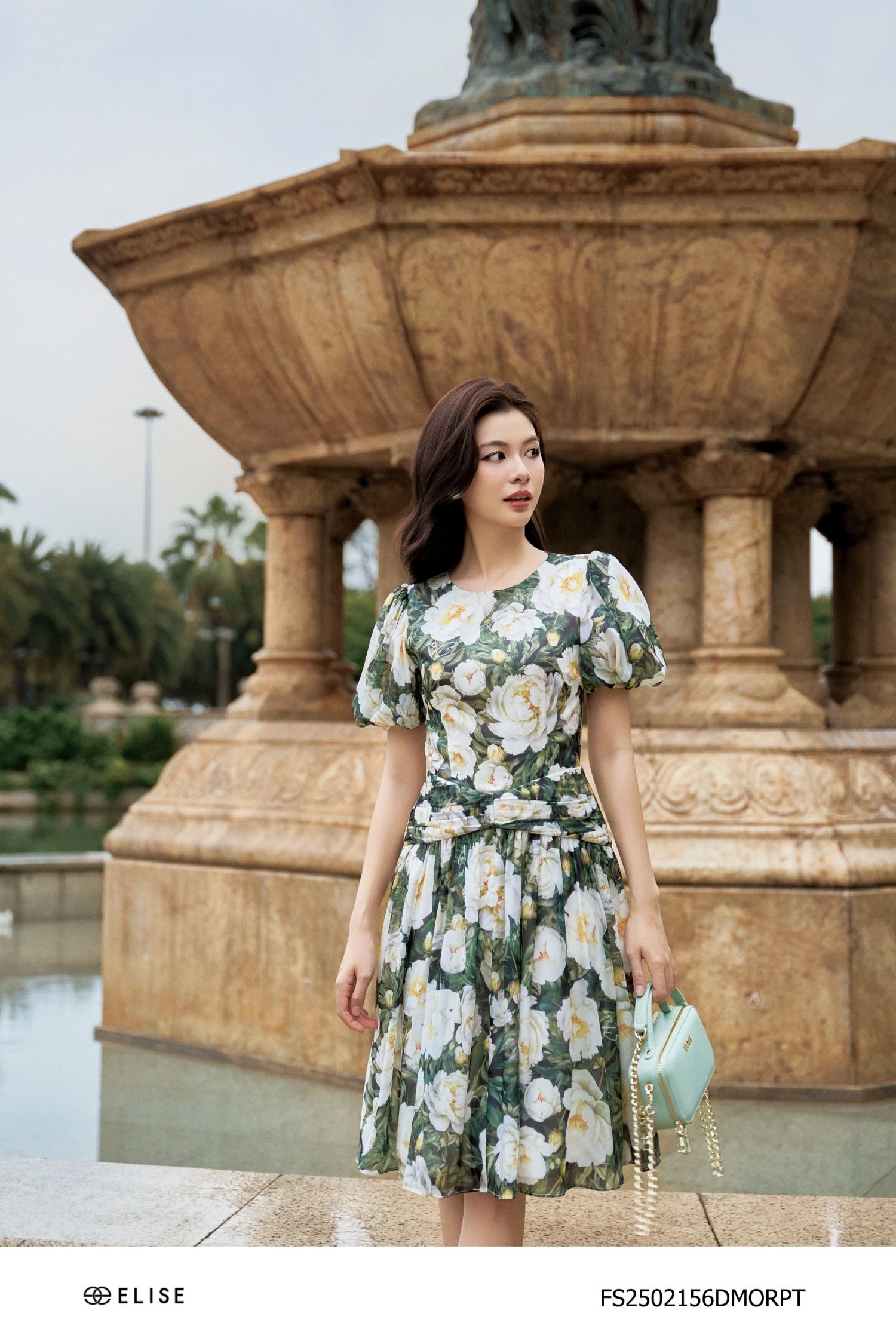 ĐẦM TƠ XANH HOA TRẮNG XẾP NHÚN EO
