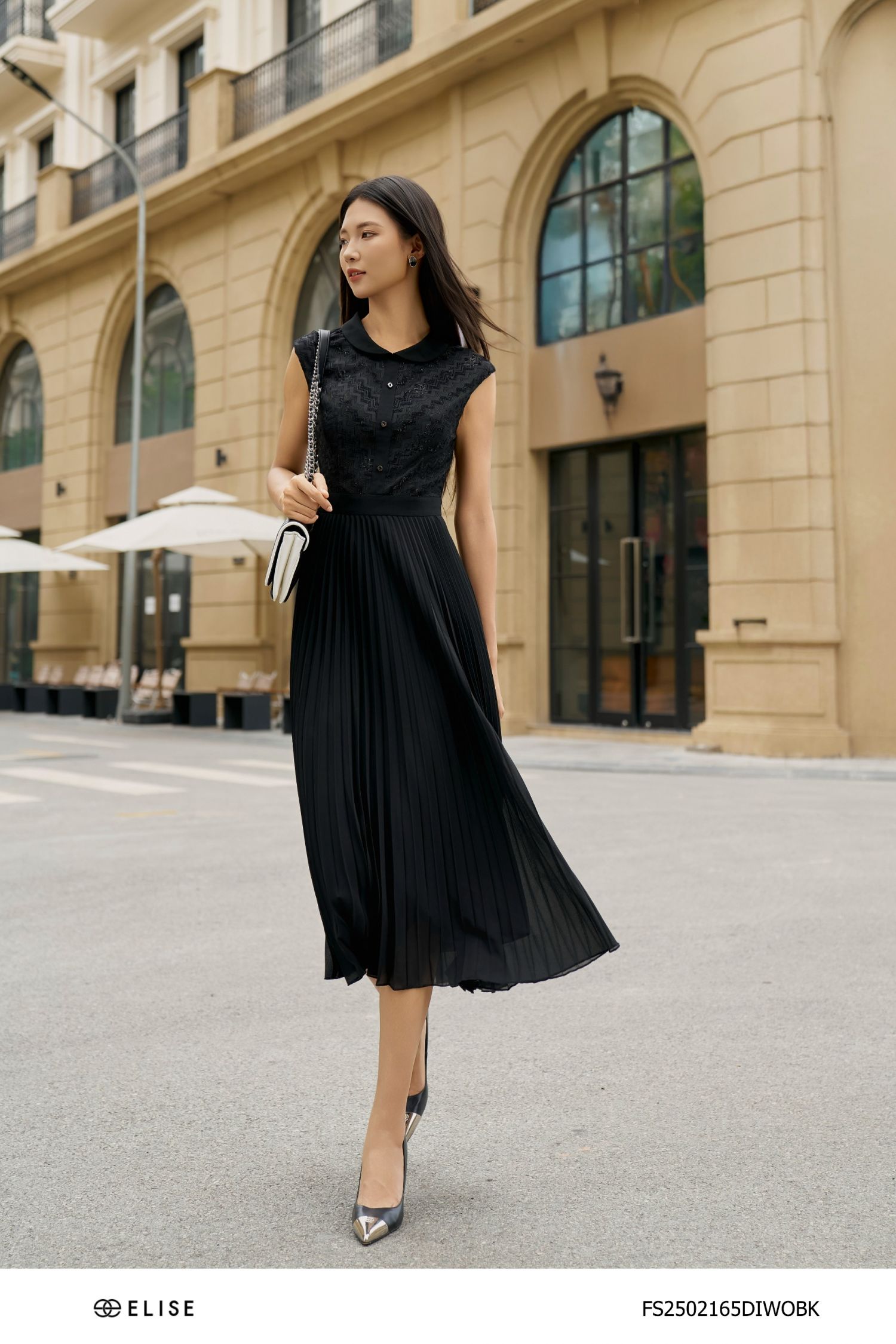 ĐẦM CHIFFON ĐEN DẬP LY PHỐI REN