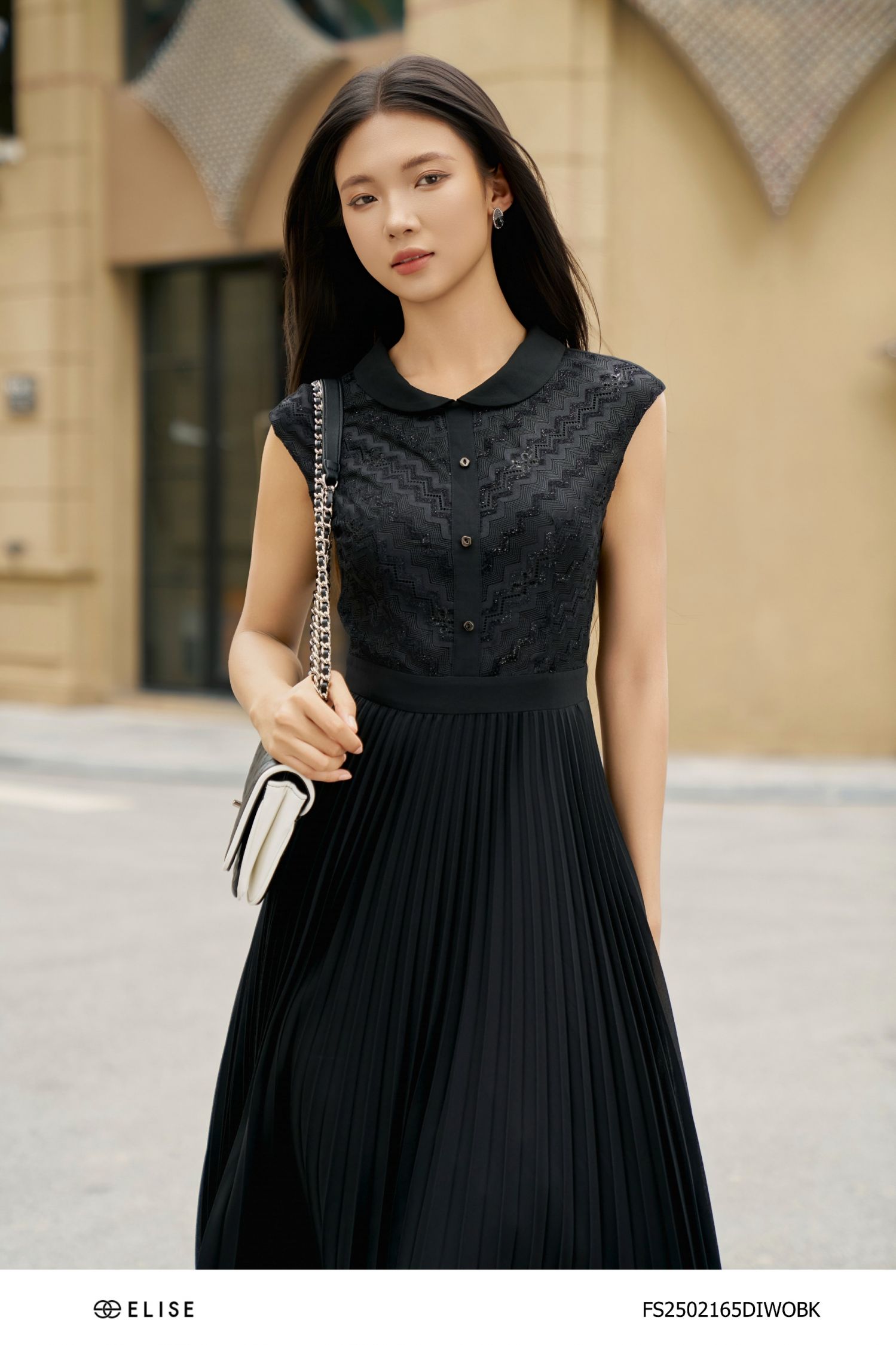 ĐẦM CHIFFON ĐEN DẬP LY PHỐI REN