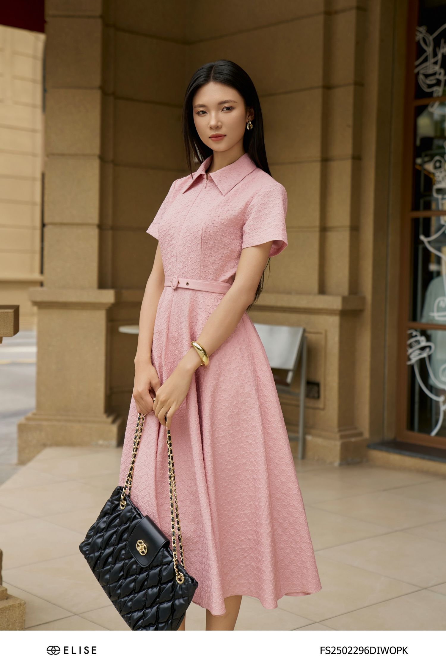 ĐẦM XỐP NHĂN HỒNG ĐAI EO