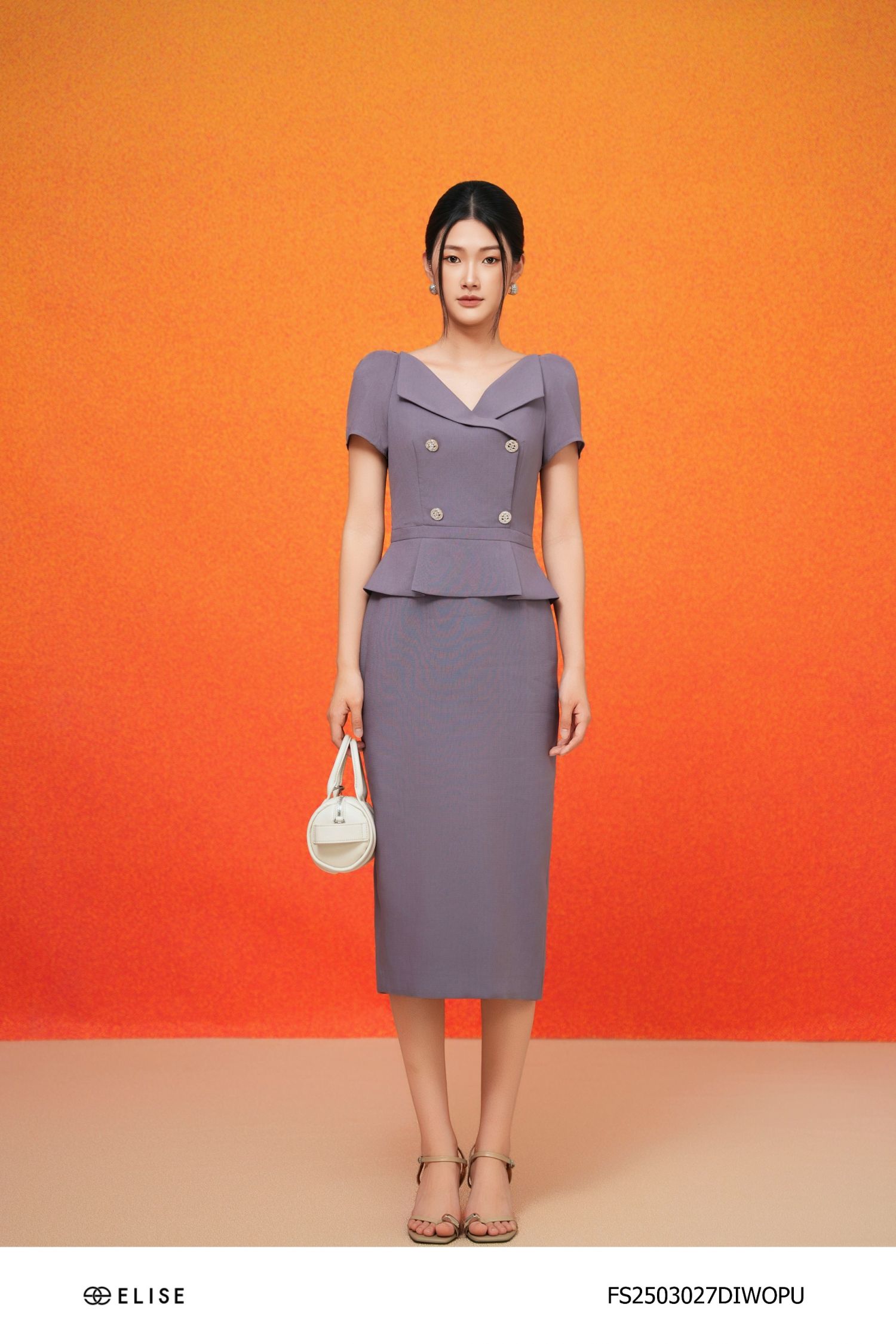 ĐẦM VÂN TÍM CẠP PEPLUM XẾP LY