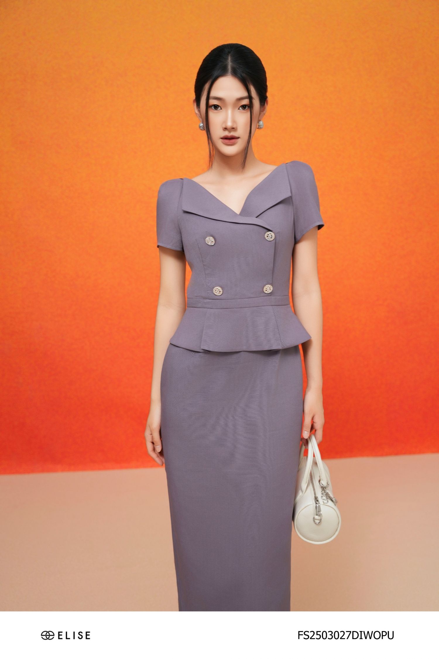 ĐẦM VÂN TÍM CẠP PEPLUM XẾP LY