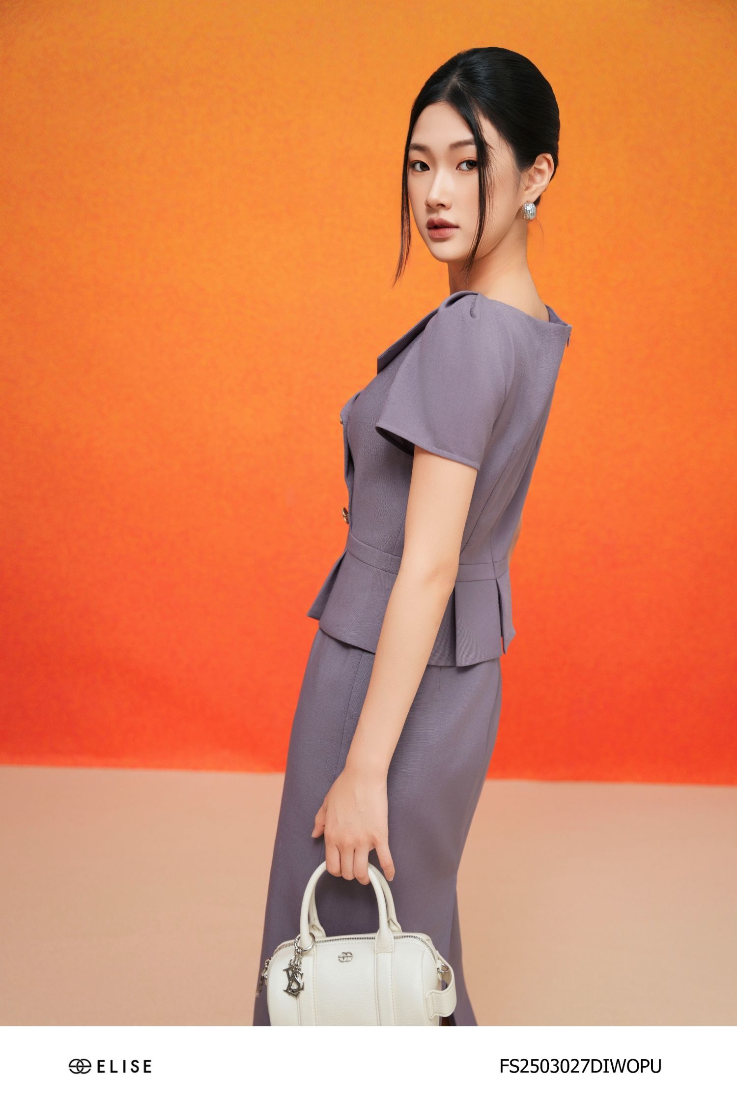 ĐẦM VÂN TÍM CẠP PEPLUM XẾP LY