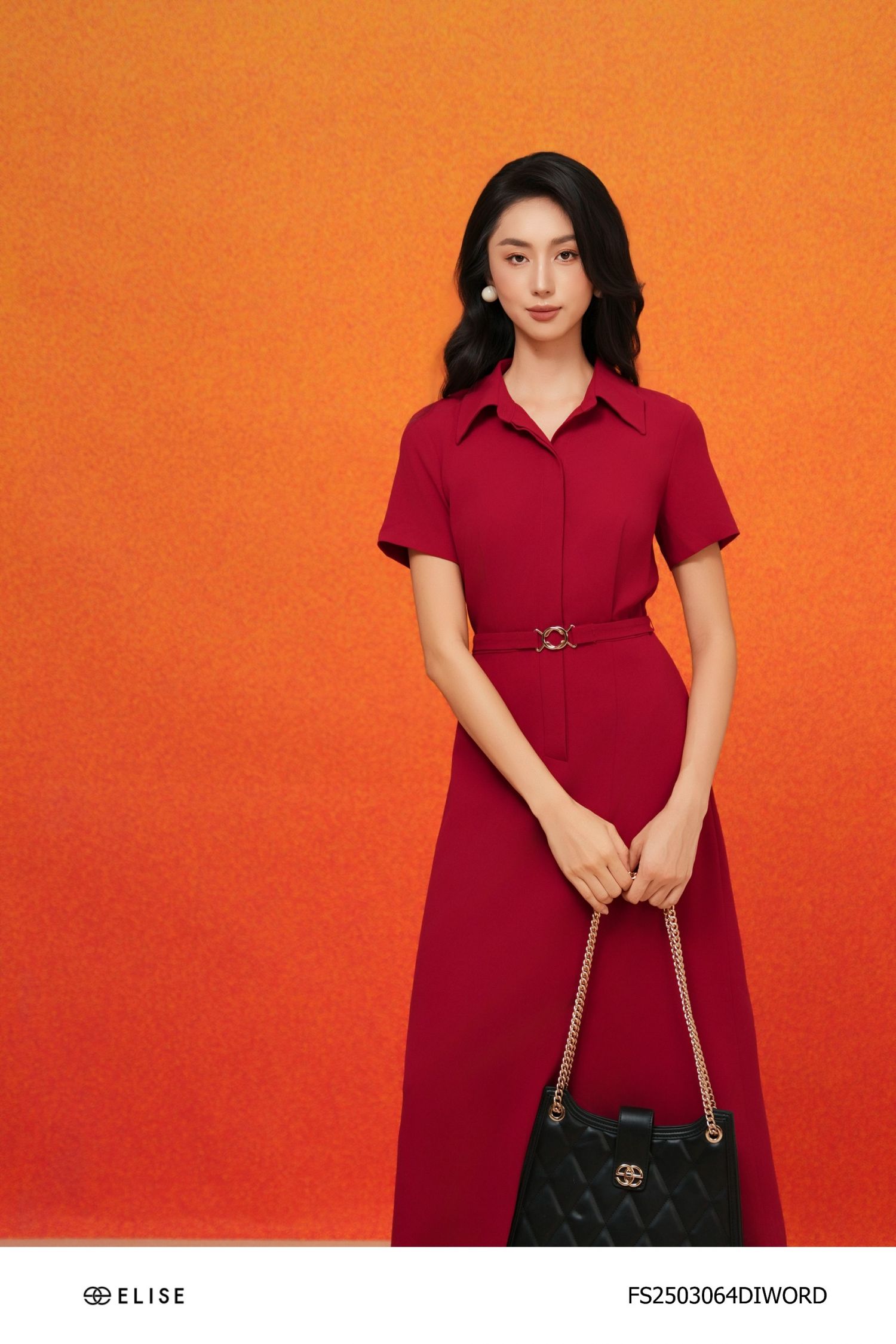 ĐẦM SẠN ĐỎ ĐẬM XẺ LỆCH ĐAI EO