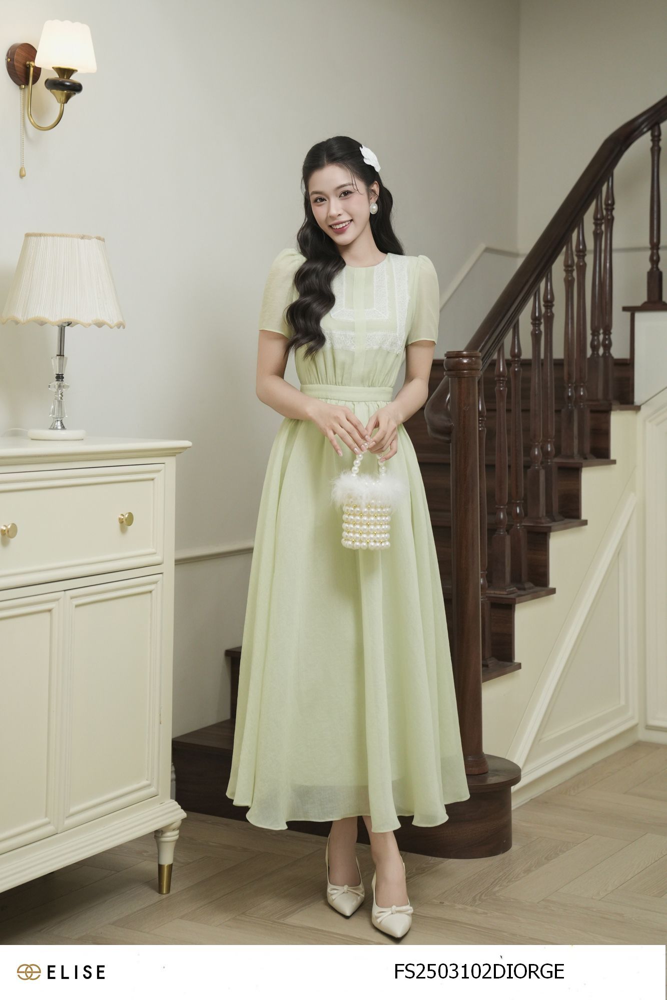 ĐẦM TƠ XANH CỐM PHỐI REN PK NGỰC