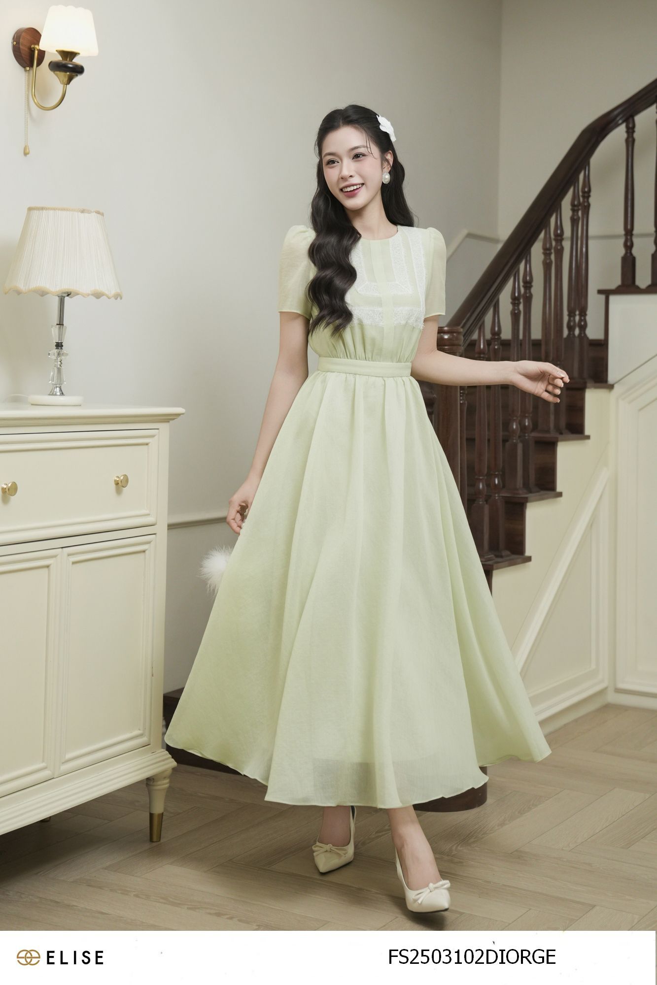 ĐẦM TƠ XANH CỐM PHỐI REN PK NGỰC