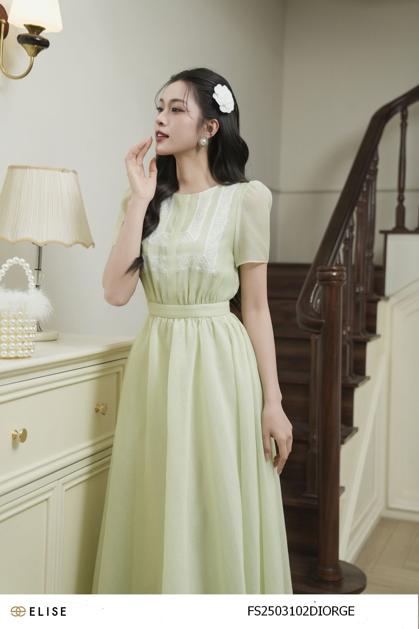 ĐẦM TƠ XANH CỐM PHỐI REN PK NGỰC