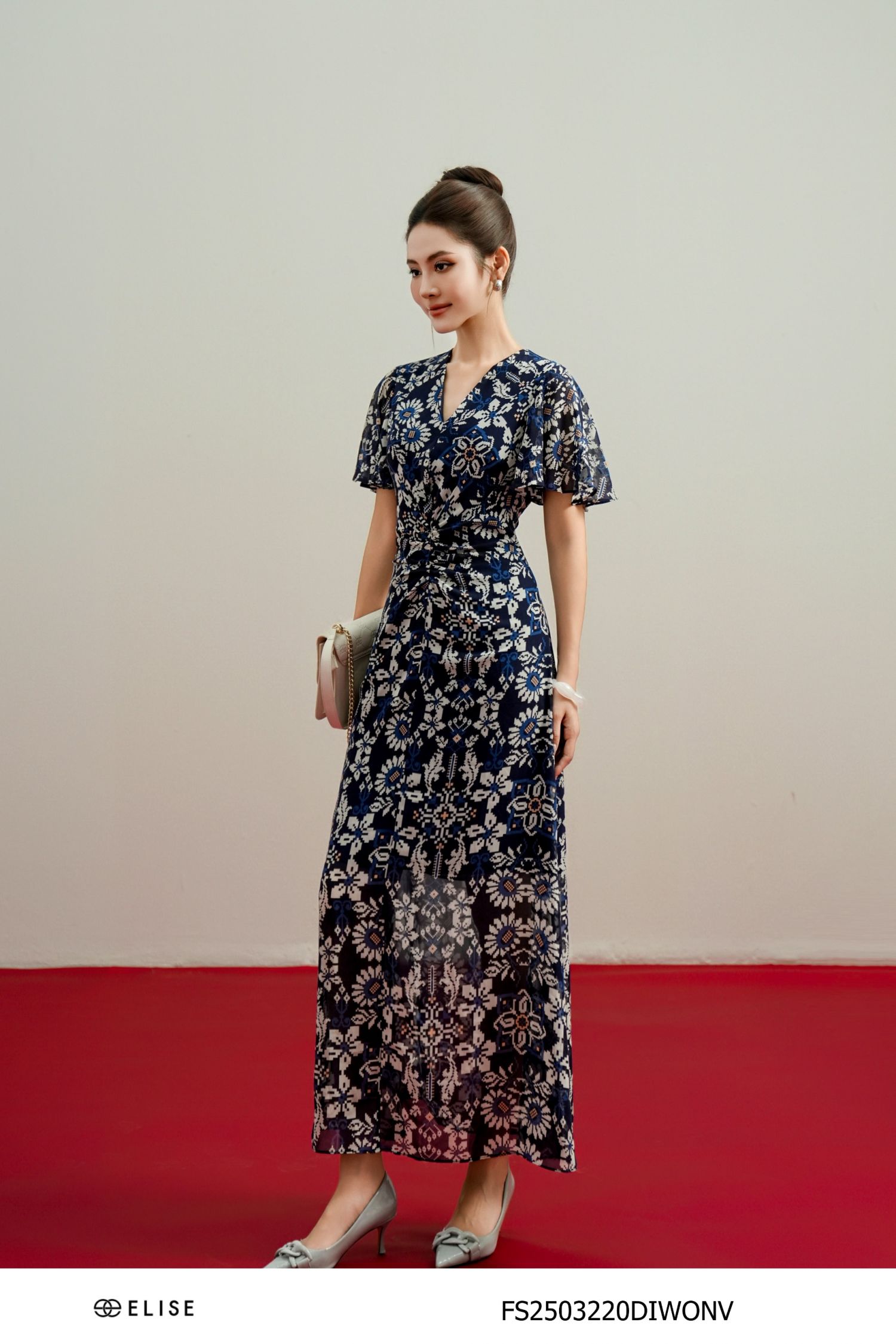 ĐẦM CHIFFON HT TÍM THAN XẾP NHÚN EO