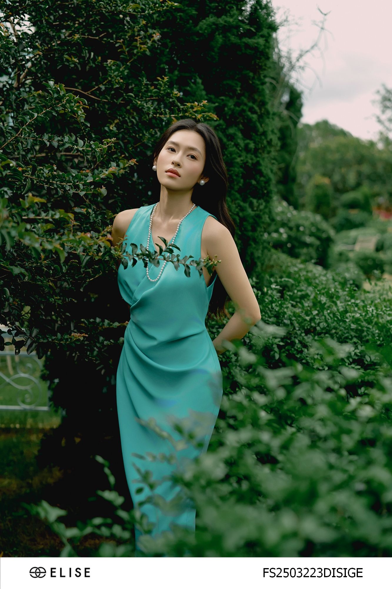 ĐẦM LỤA XANH NGỌC XẾP NHÚN EO