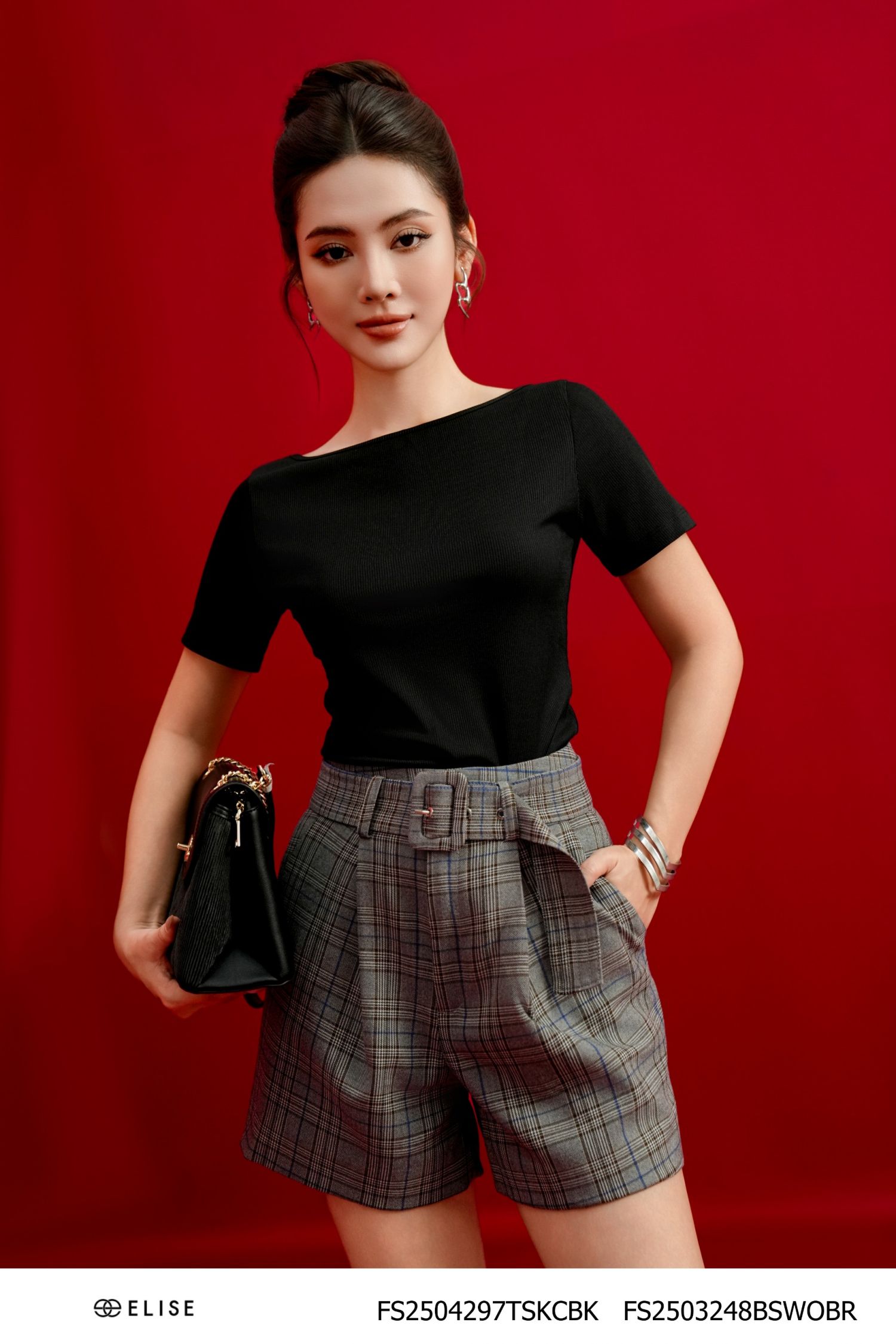 QUẦN SOOC KẺ NÂU ĐAI CẠP DIỄU CHỈ