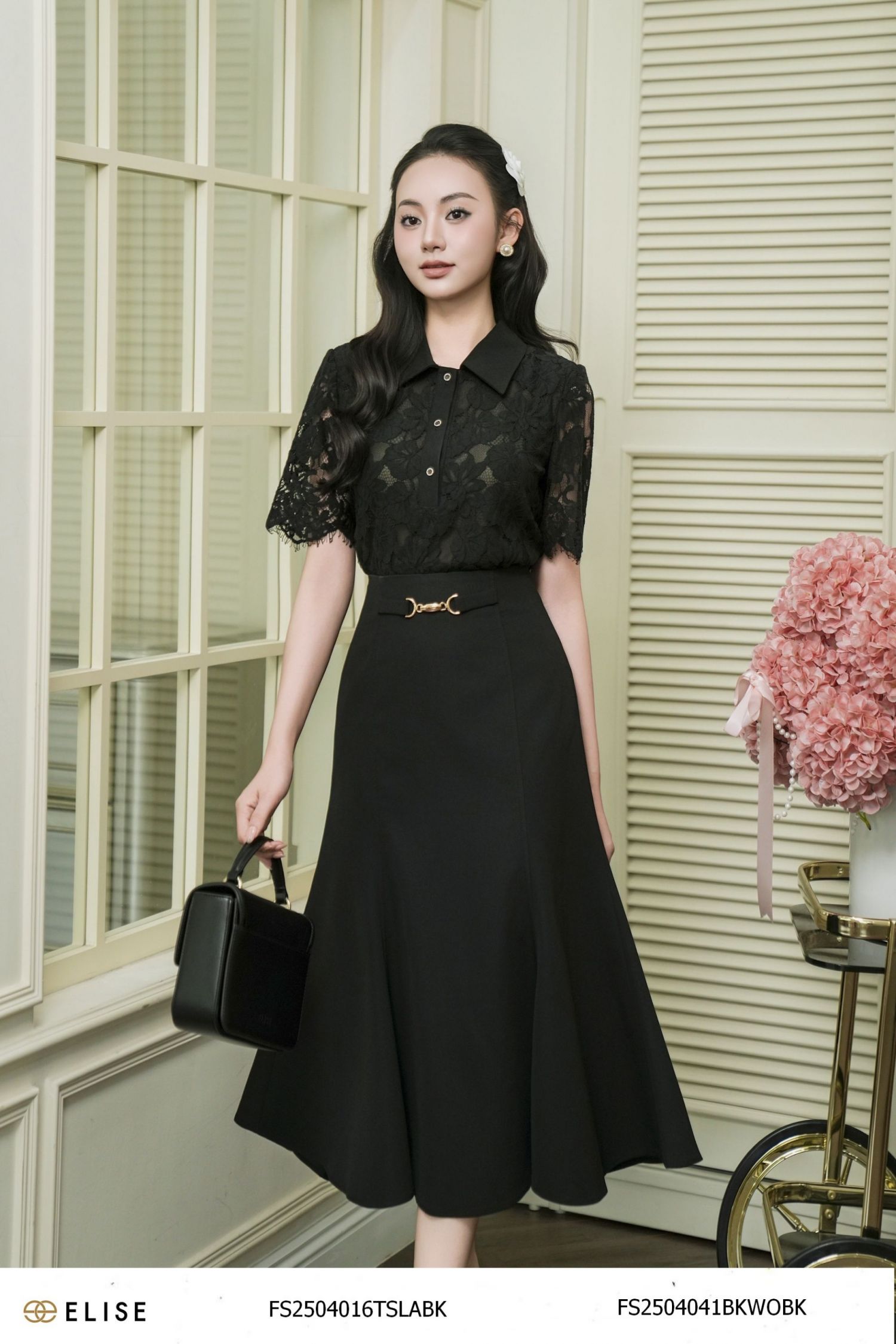 ÁO REN ĐEN TỈA CHÂN PHỐI CỔ