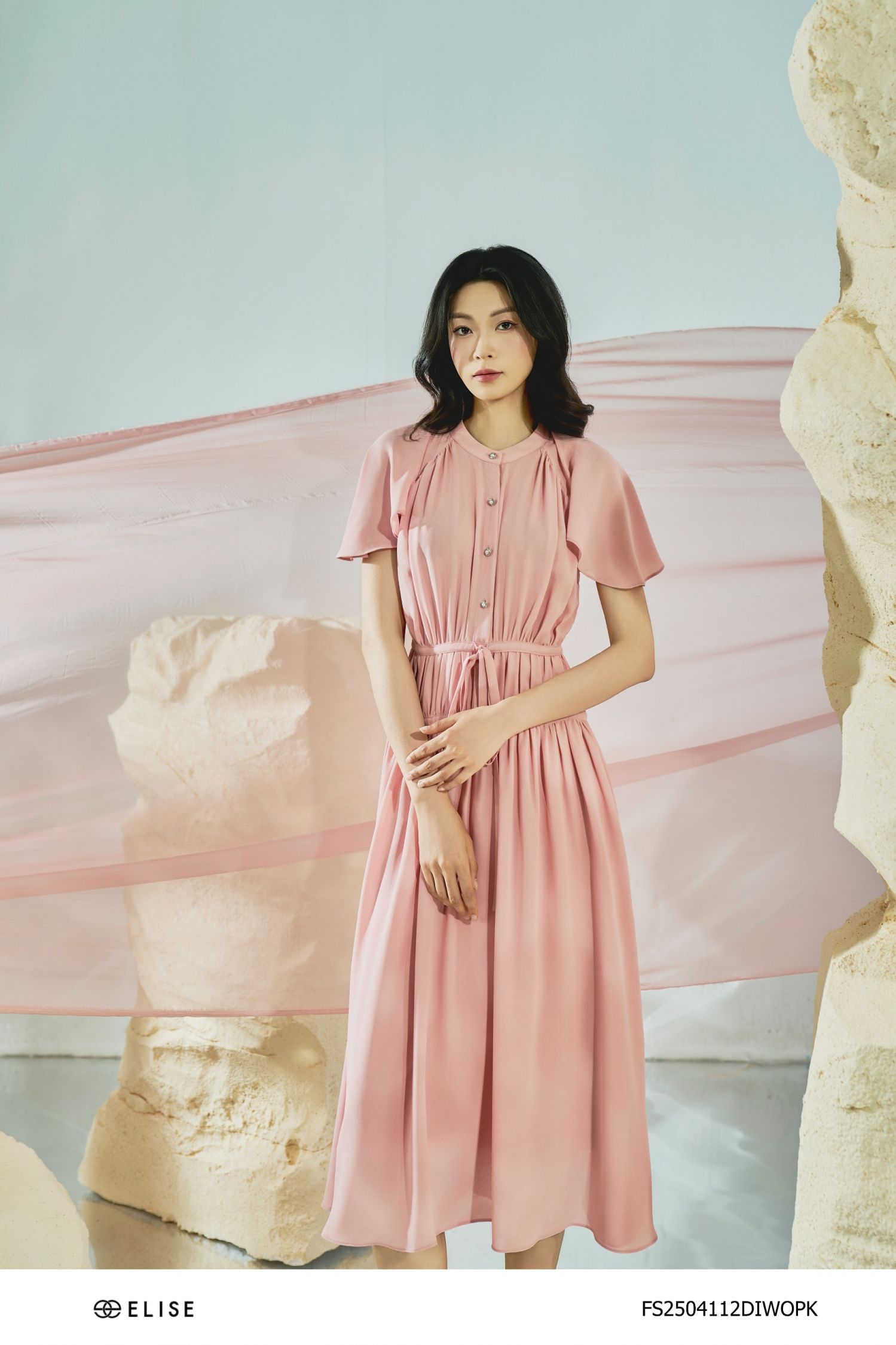ĐẦM HỒNG PHẤN NHÚN EO TAY CAPE