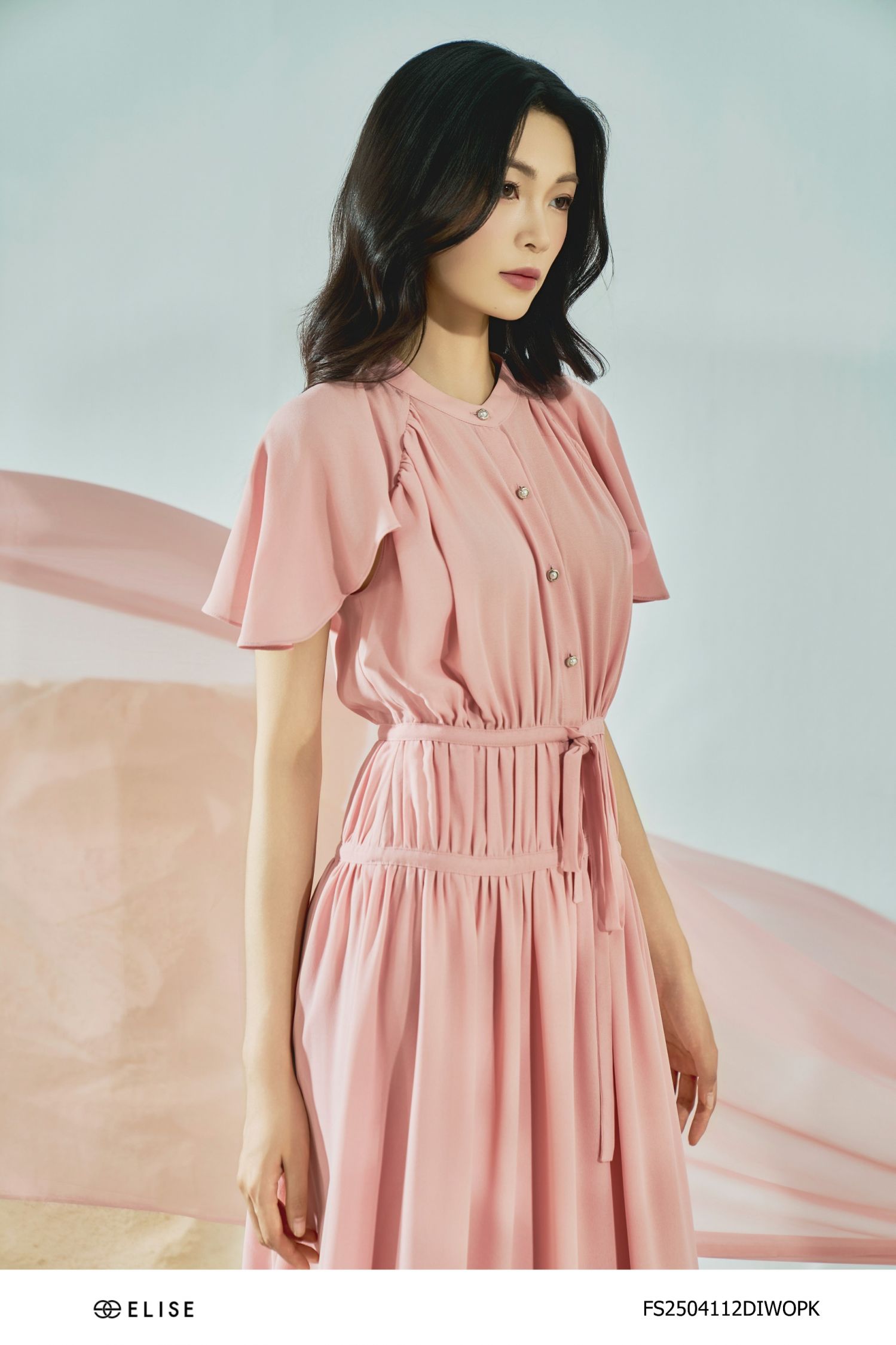 ĐẦM HỒNG PHẤN NHÚN EO TAY CAPE