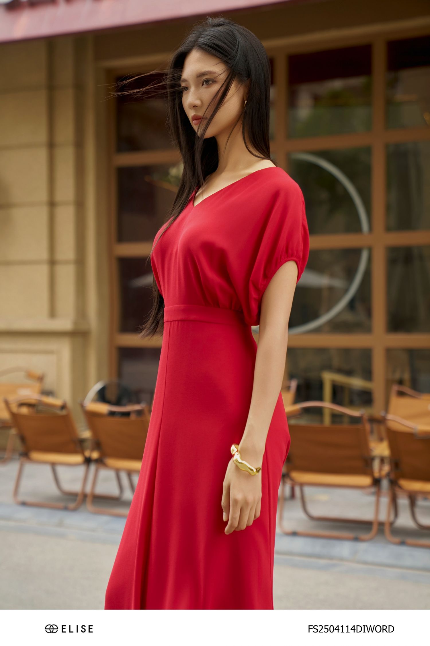 ĐẦM SẠN ĐỎ ĐẬM CỔ V TAY DƠI