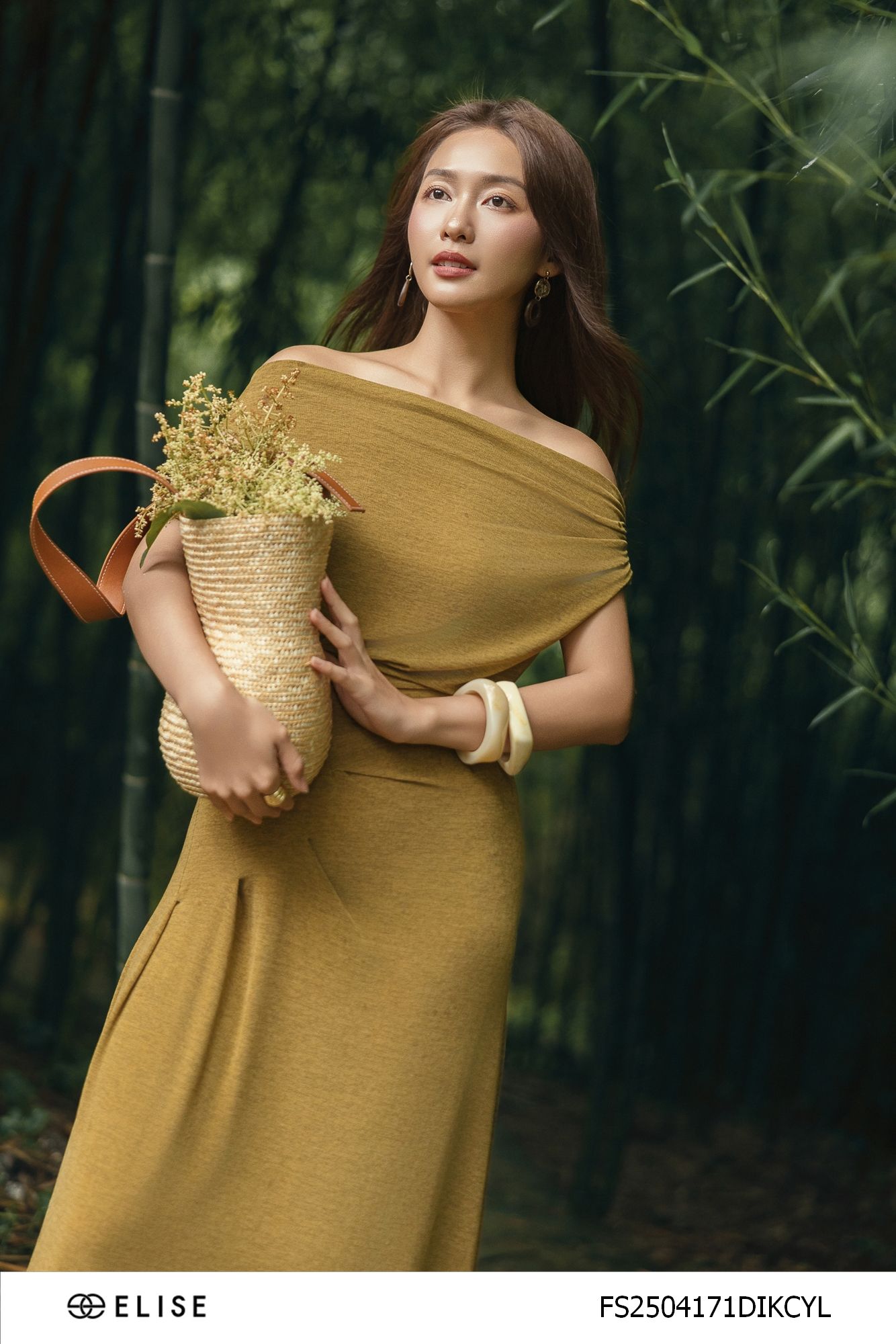 ĐẦM THUN VÀNG CỎ ÚA XẾP NHÚN LỆCH VAI