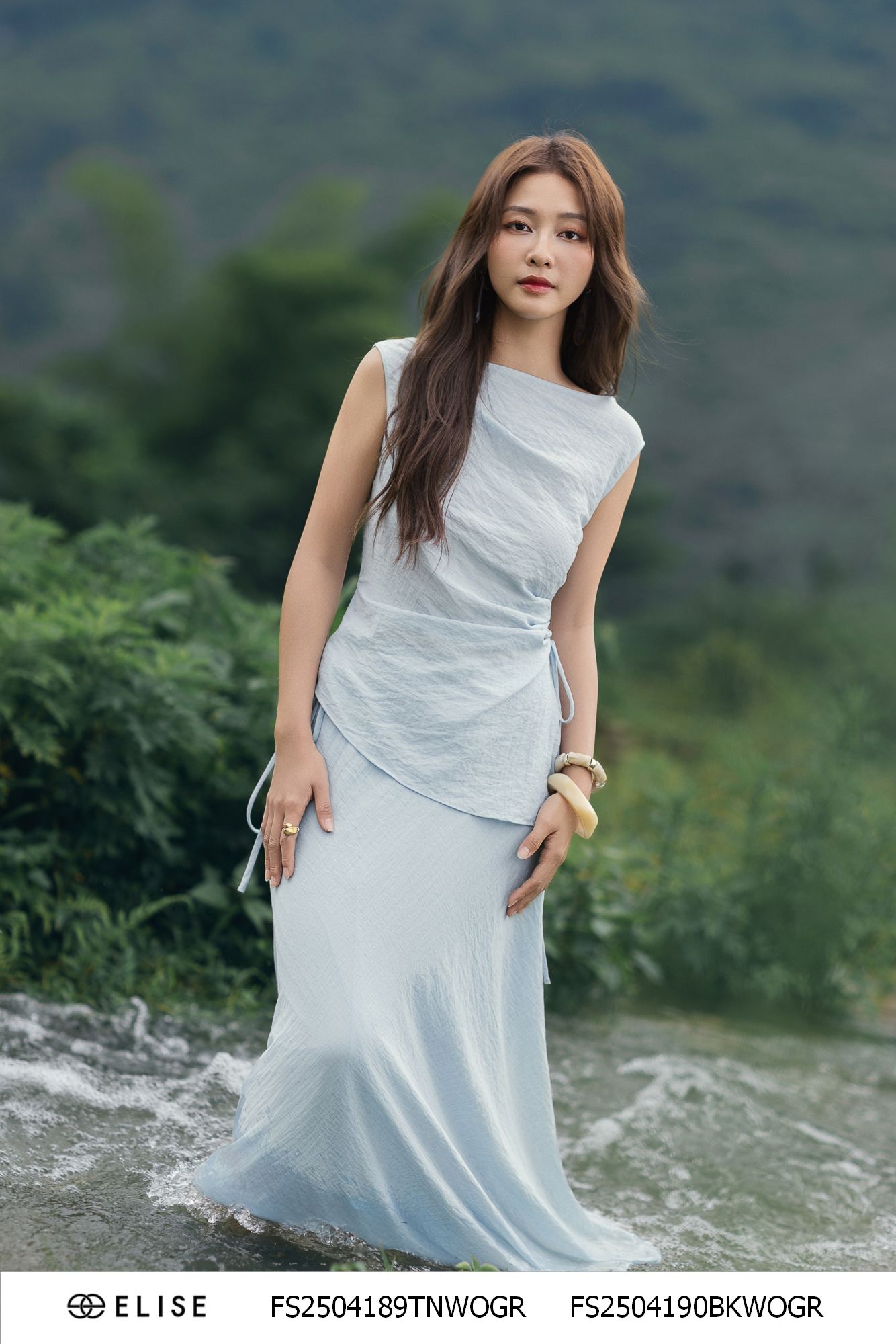 ÁO ĐŨI XANH GHI XẾP NHÚN BUỘC DÂY EO