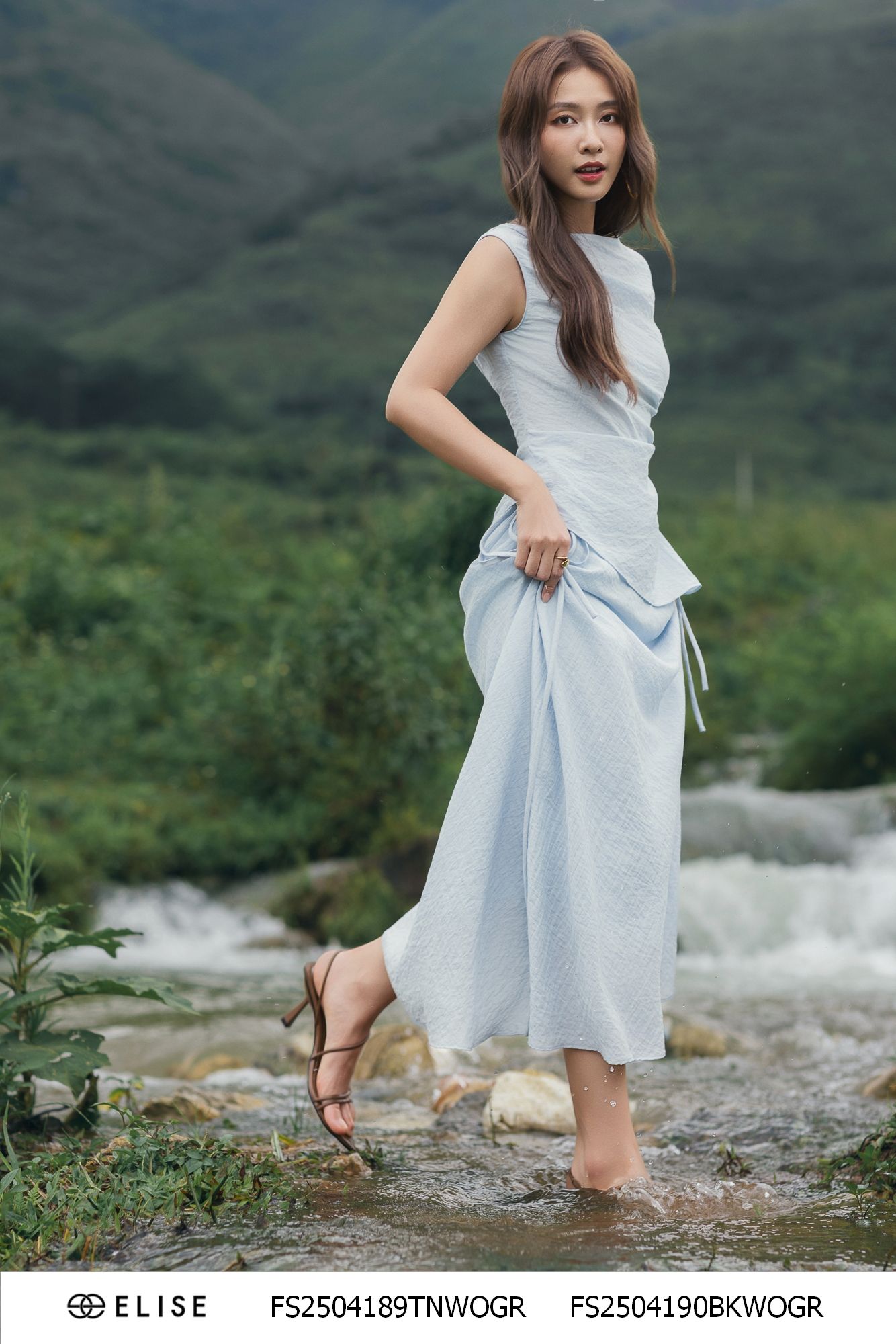ÁO ĐŨI XANH GHI XẾP NHÚN BUỘC DÂY EO